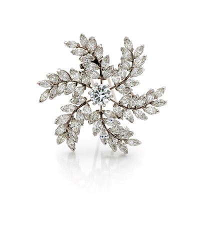 Spilla in oro bianco 750, diamante solitario rotondo brillante e diamanti navette