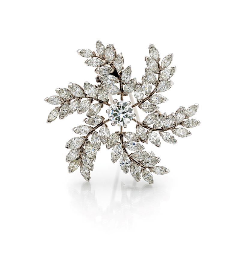 Spilla in oro bianco 750, diamante solitario rotondo brillante e diamanti navette