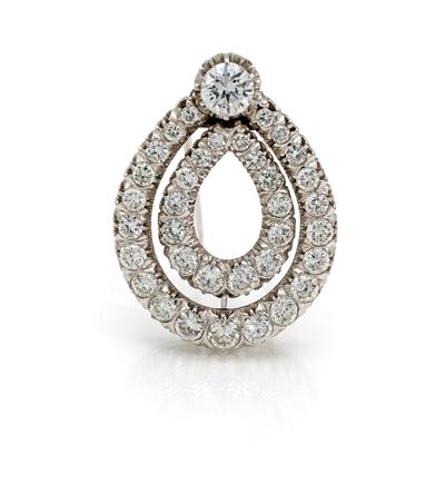 Spilla a goccia, oro bianco 750/000 con diamante solitario e diamanti di contorno