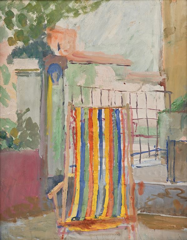 Latino Barilli - Veduta di giardino con sedia a sdraio