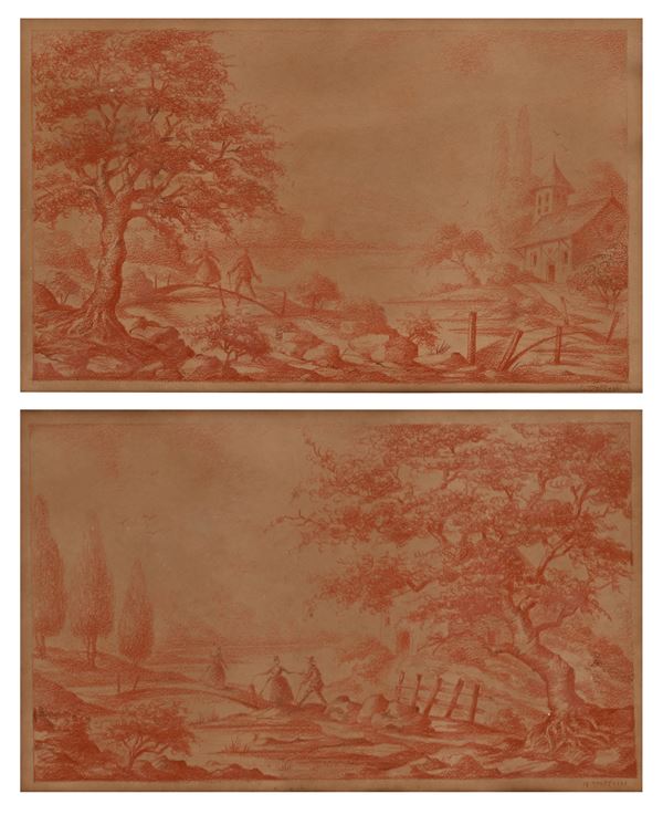 Coppia di sanguigne su carta raffiguranti paesaggi di campagna con astanti