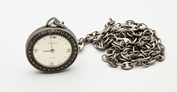 Hausmann (Cal. Felsa 320) - Orologio da tasca modello moneta in argento 800/000 con catena in argento 800/000
