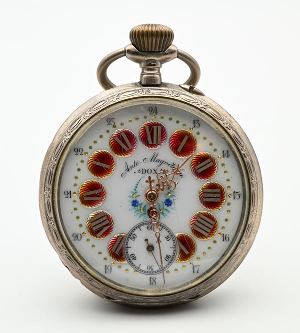 Doxa Antimagnetique - Orologio da tasca remontoir con cassa incisa con scena ferroviaria in argento 800/000. Scappamento ad ancora