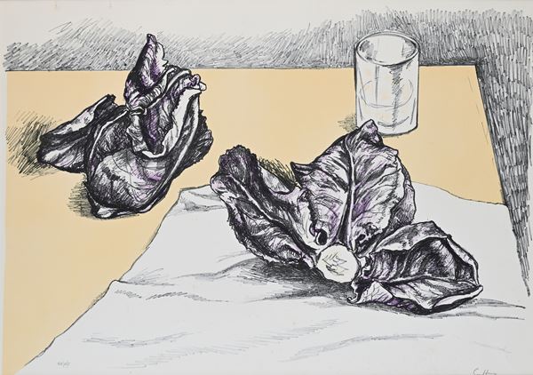 Renato Guttuso - Natura morta con radicchio e bicchiere