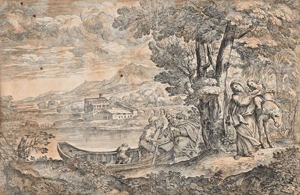 Giovanni Francesco Grimaldi : Paesaggio con la fuga in Egitto  - acquaforte su carta - Asta Asta a Tempo - Antiquariato: Mobili, Arredi, Stampe e Porcellane - Casa d'Aste Arcadia
