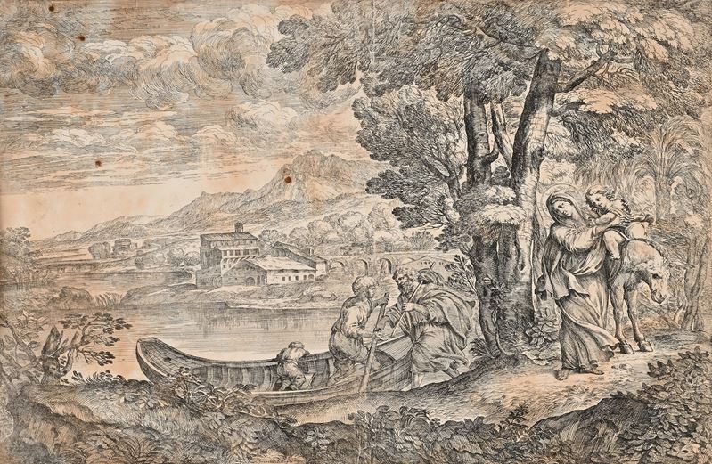 Giovanni Francesco Grimaldi - Paesaggio con la fuga in Egitto (acquaforte su carta)