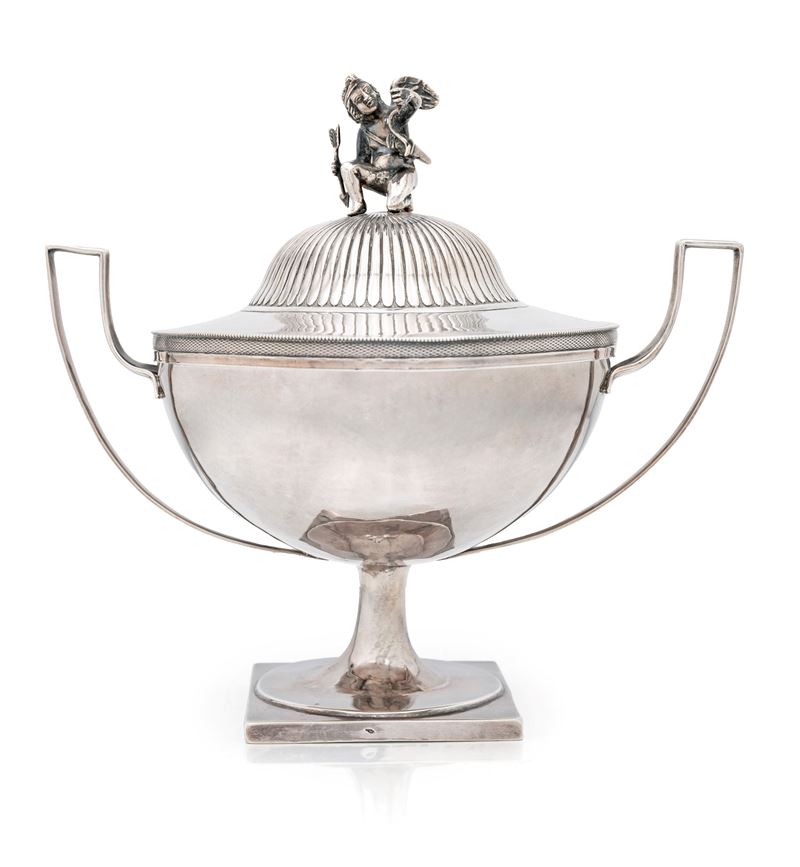 Francesco Ossani, Zuccheriera bianfiancata con coperchio, argento, Roma c. 1820
