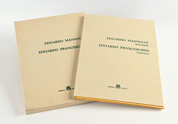 Mannucci Edgardo Maschere / Franceschini Edoardo Paesaggi - 3 grafiche e tecnica mista firmate a mano di Edgardo Mannucci con intervento a mano dell'Artista e 3 serigrafie firmate a mano di Edoardo Franceschini. Esemplare arricchito di una P.d'A. di Franceschini. Tiratura limitata a 150 esemplari ns. n.116