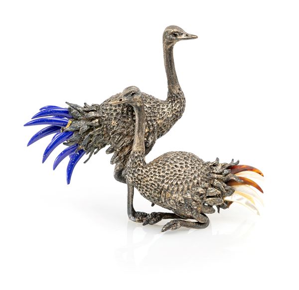 Coppia di struzzi in argento, XX secolo