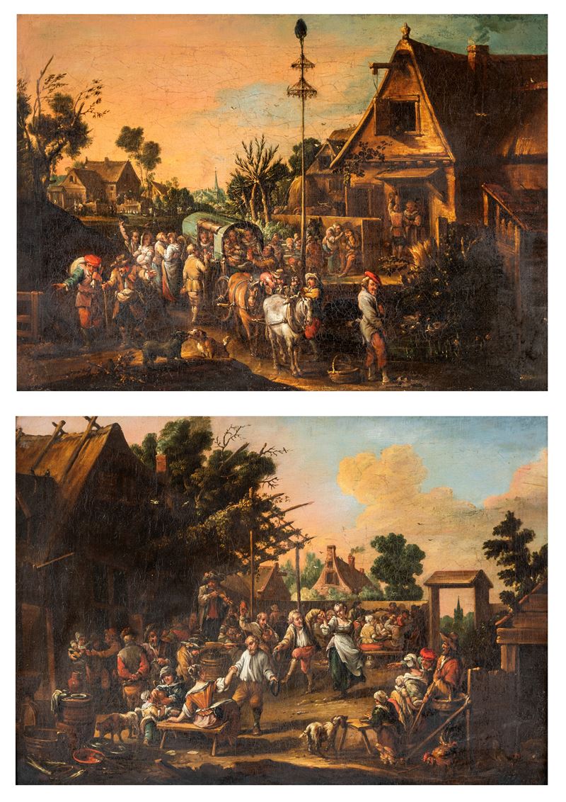 a) Scena di taverna all'aperto; b) Scena contadina con carrozza