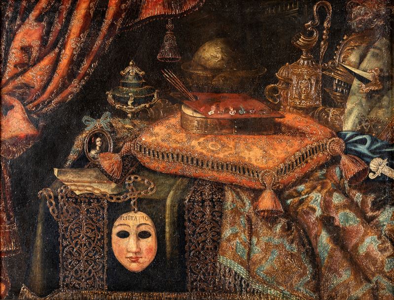 Imitatio – Natura morta con maschera, tavolozza, ritratto e cuscino