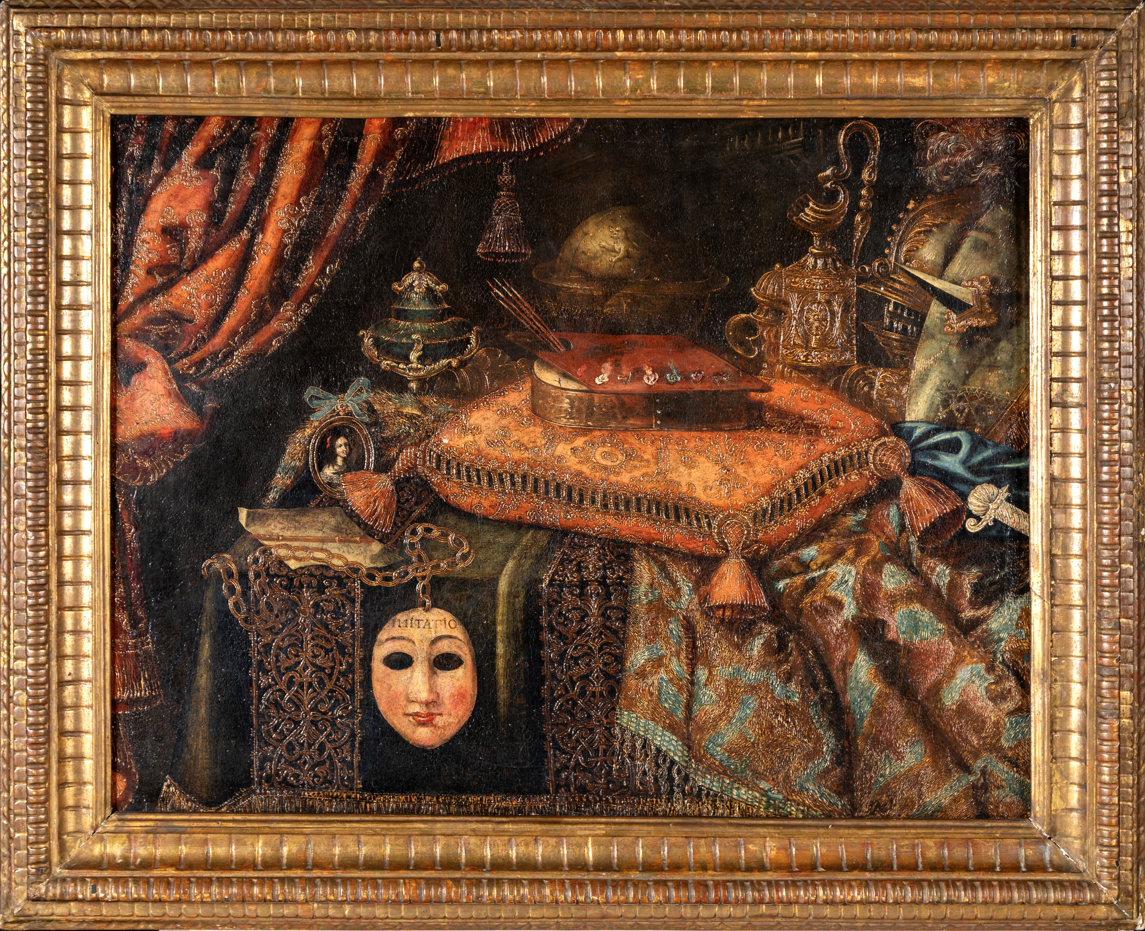 Imitatio – Natura morta con maschera, tavolozza, ritratto e cuscino