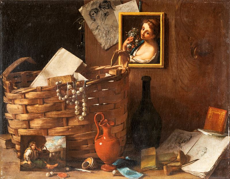 Natura morta con bozzetti, dipinti, cesto con collana di perle e libri