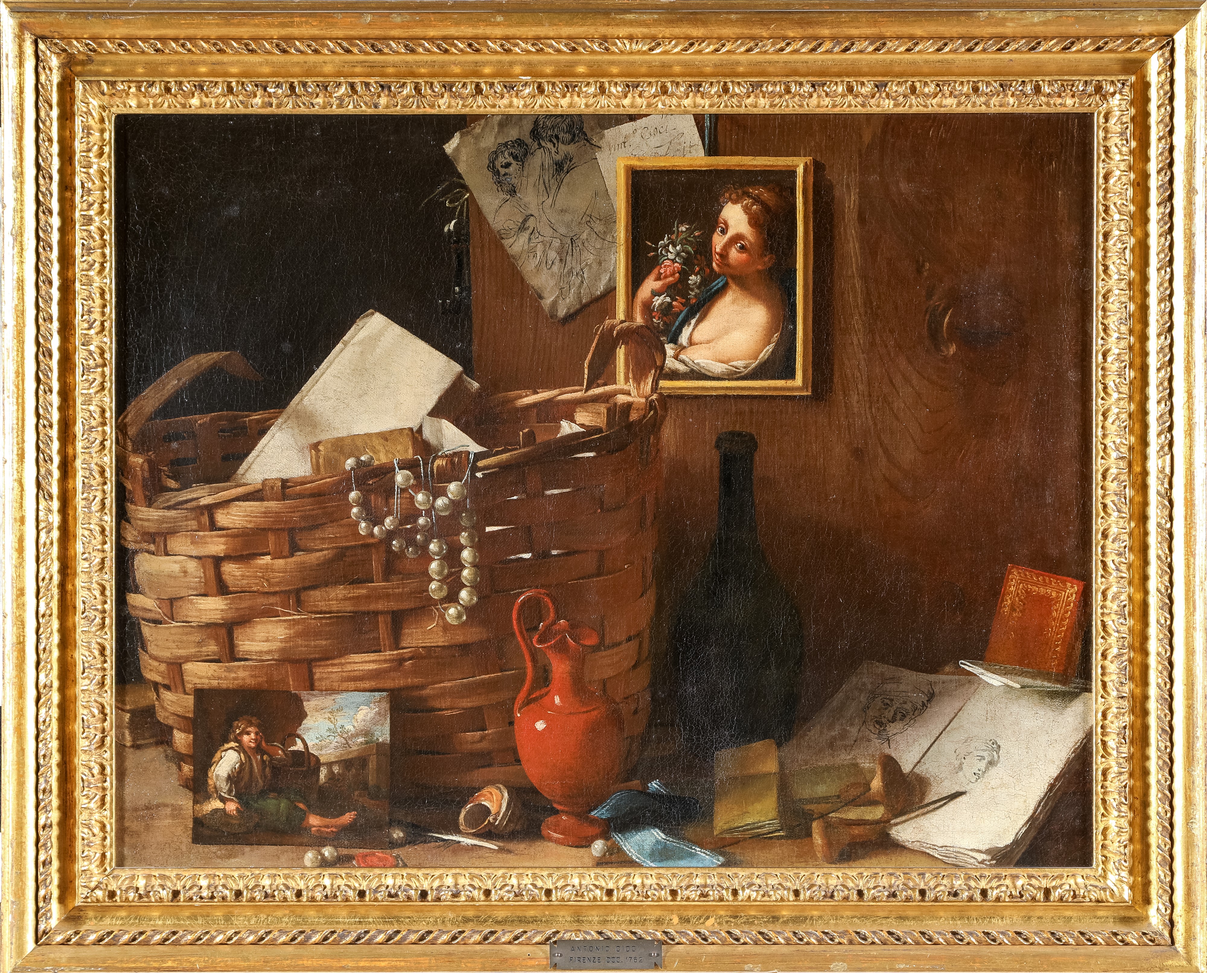 Natura morta con bozzetti, dipinti, cesto con collana di perle e libri