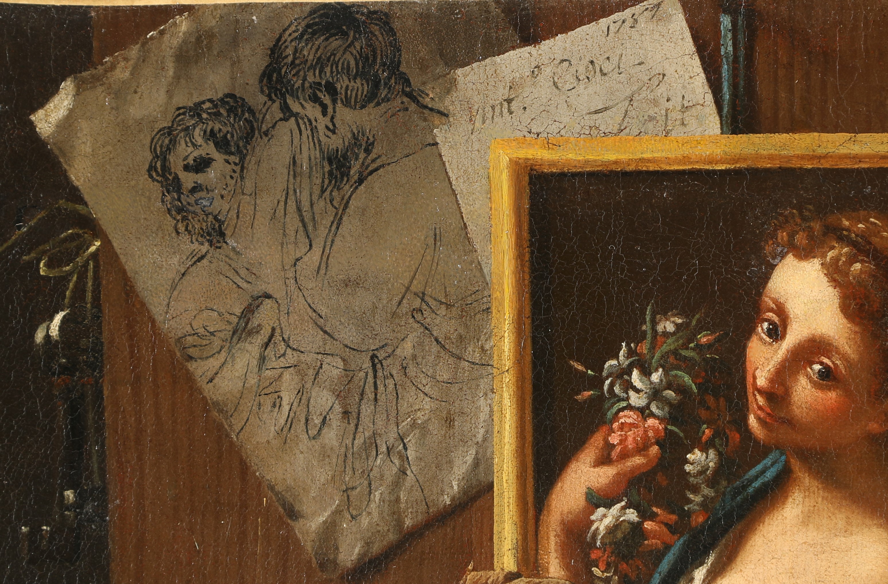 Natura morta con bozzetti, dipinti, cesto con collana di perle e libri