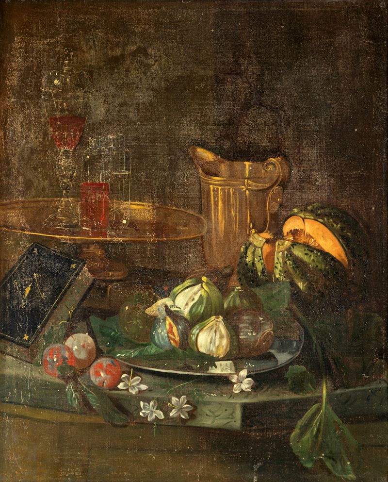 Natura morta con libro, fichi e melone