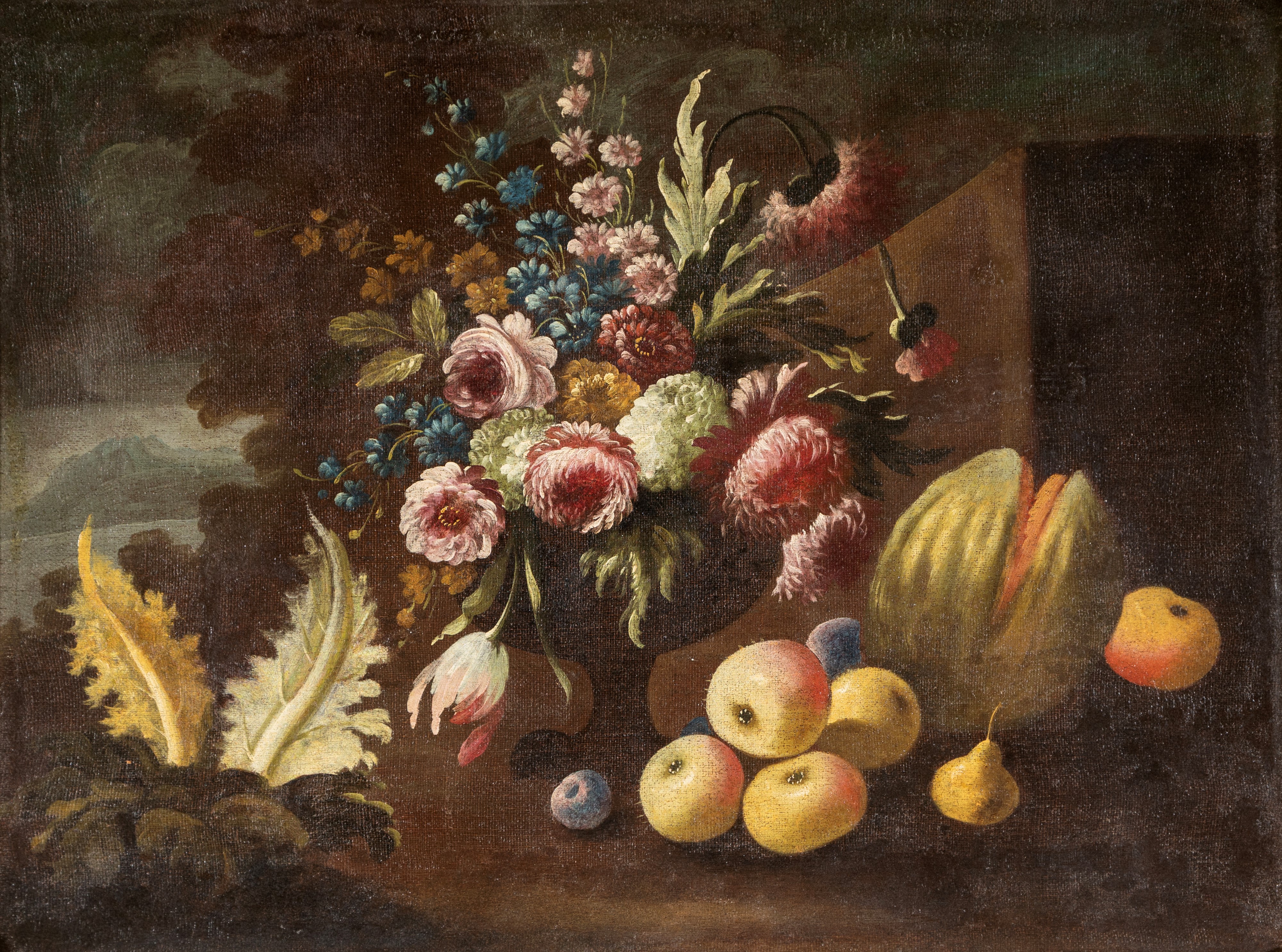 Coppia di Nature morte con fiori e frutta