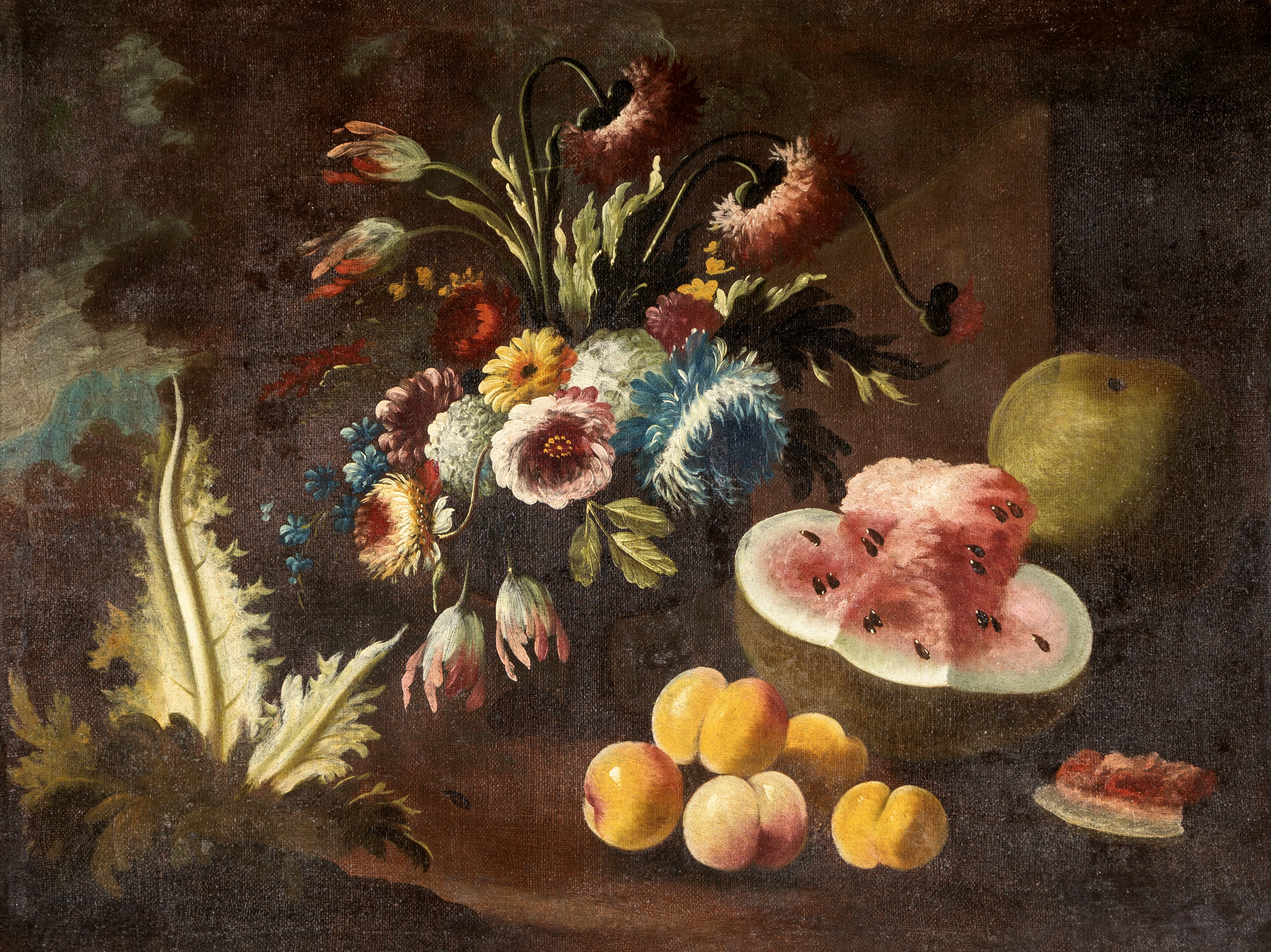 Coppia di Nature morte con fiori e frutta