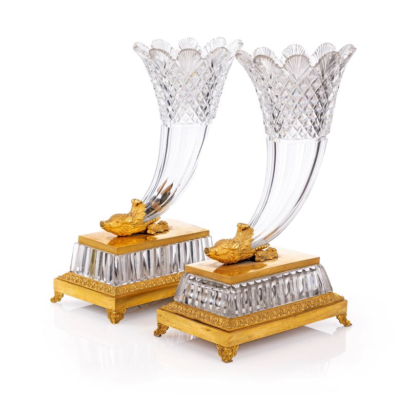 Coppia di cornucopie in cristallo e bronzo dorato, Francia, XIX secolo