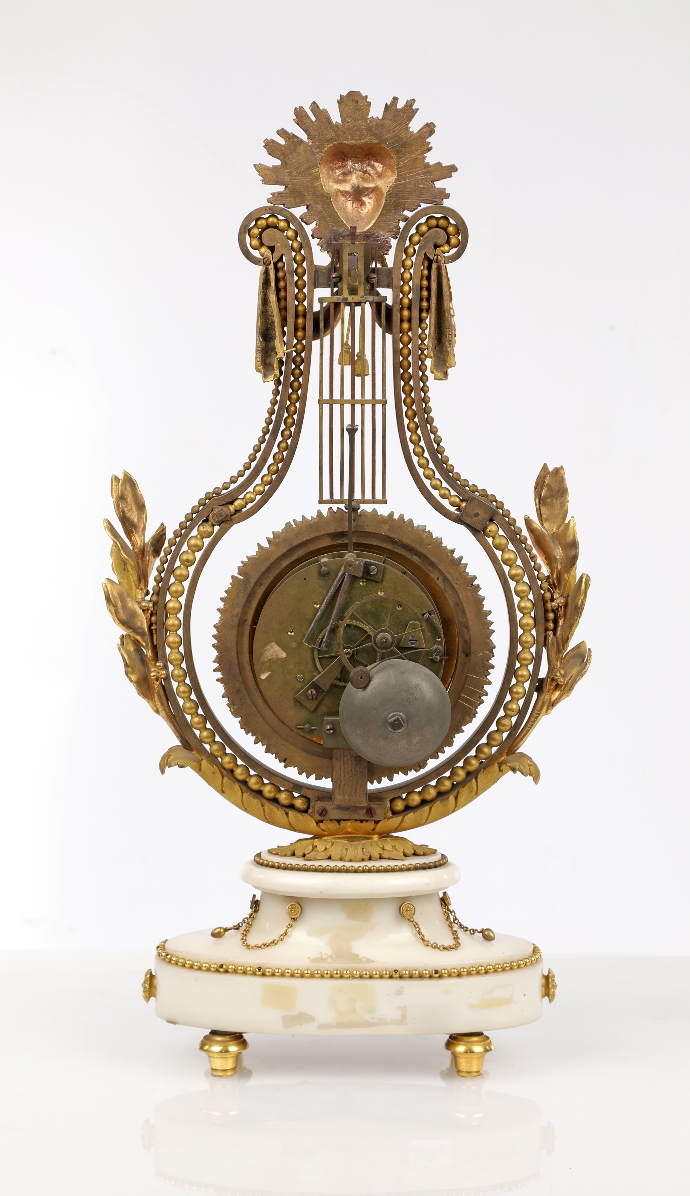 Pendola a lira basculante in bronzo dorato e marmo bianco, Francia, Luigi XVI