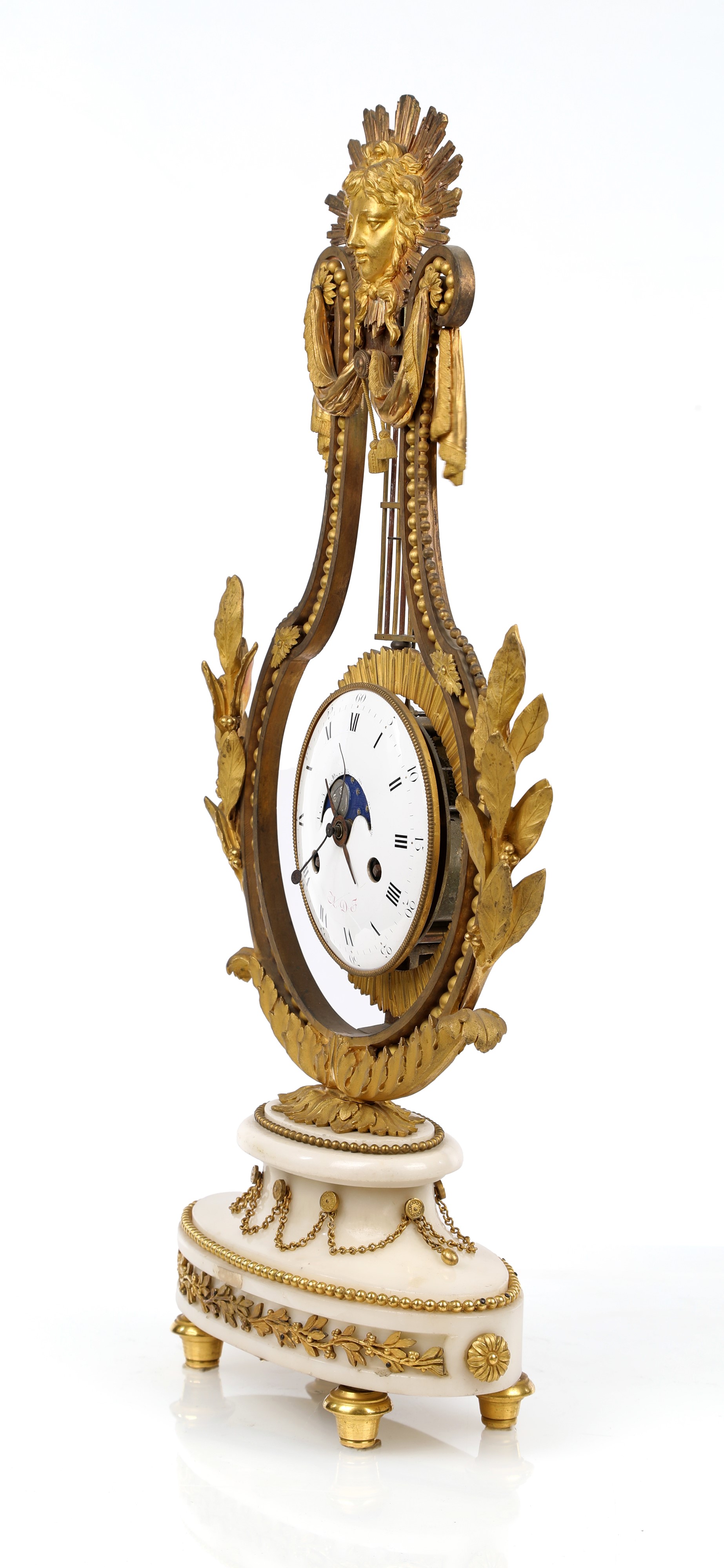 Pendola a lira basculante in bronzo dorato e marmo bianco, Francia, Luigi XVI