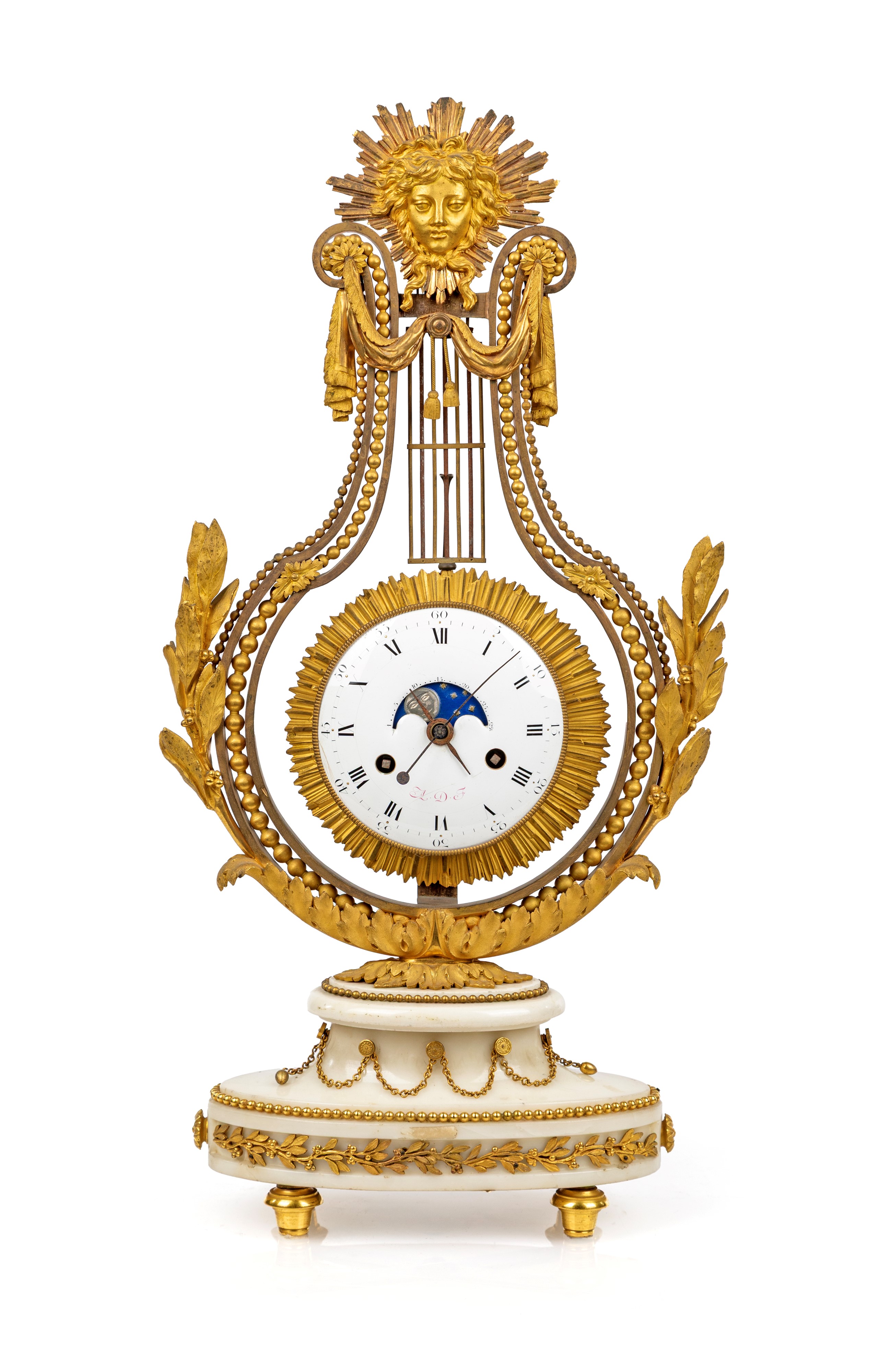 Pendola a lira basculante in bronzo dorato e marmo bianco, Francia, Luigi XVI