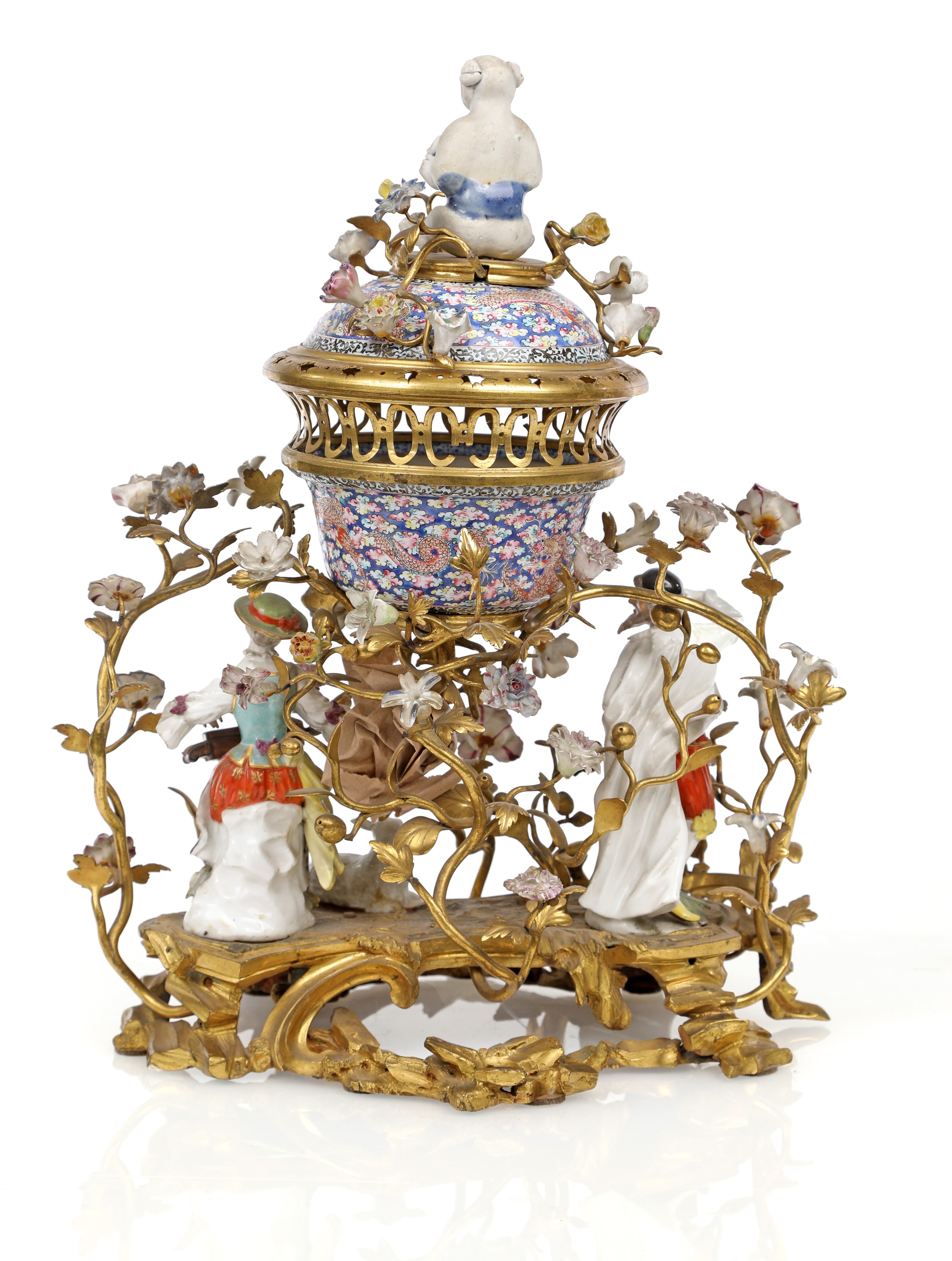 Coppa per pot pourri in rame smaltato, bronzo dorato e porcellana, XVIII secolo