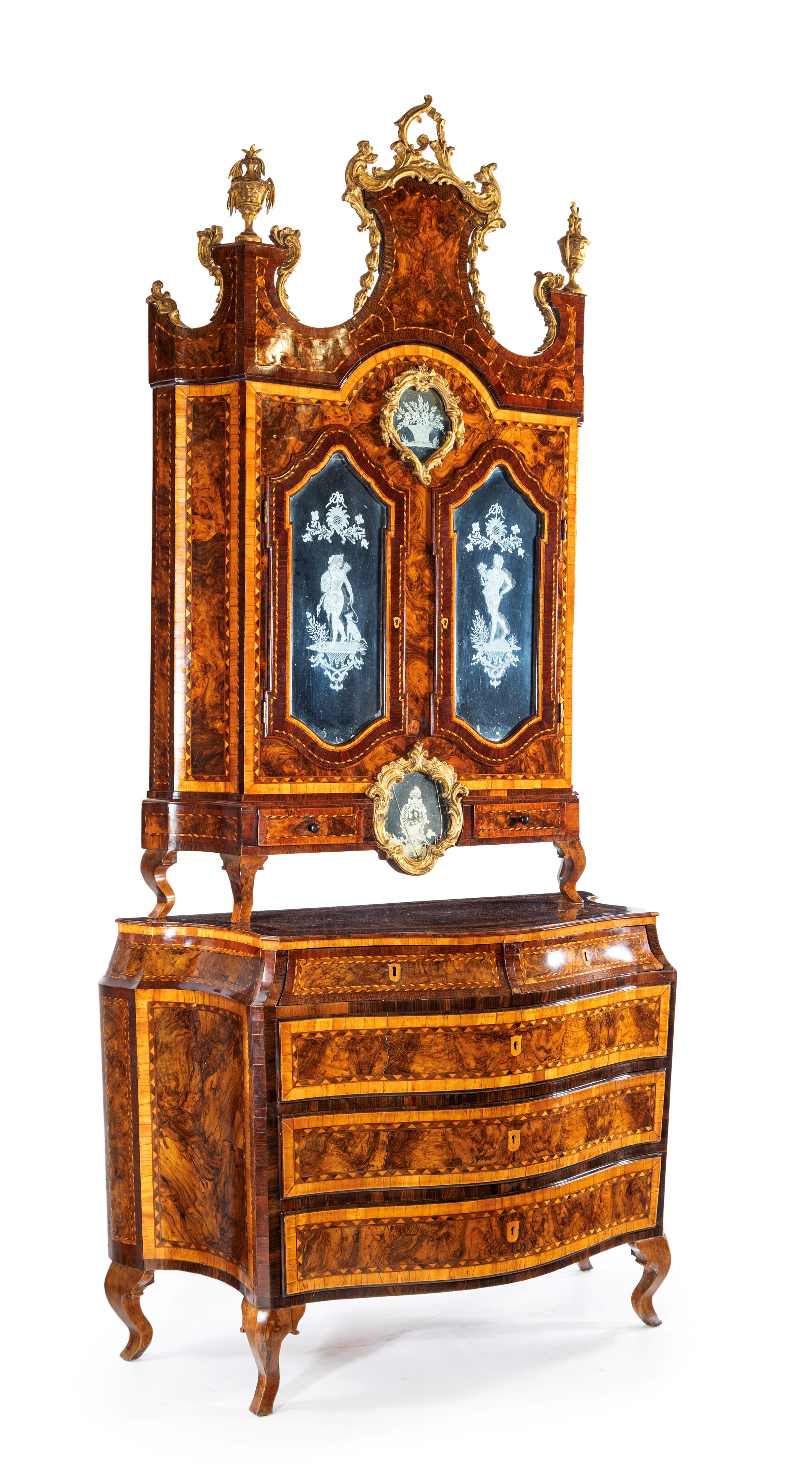 Mobile a doppio corpo in legni pregiati, Lombardia, XVIII secolo