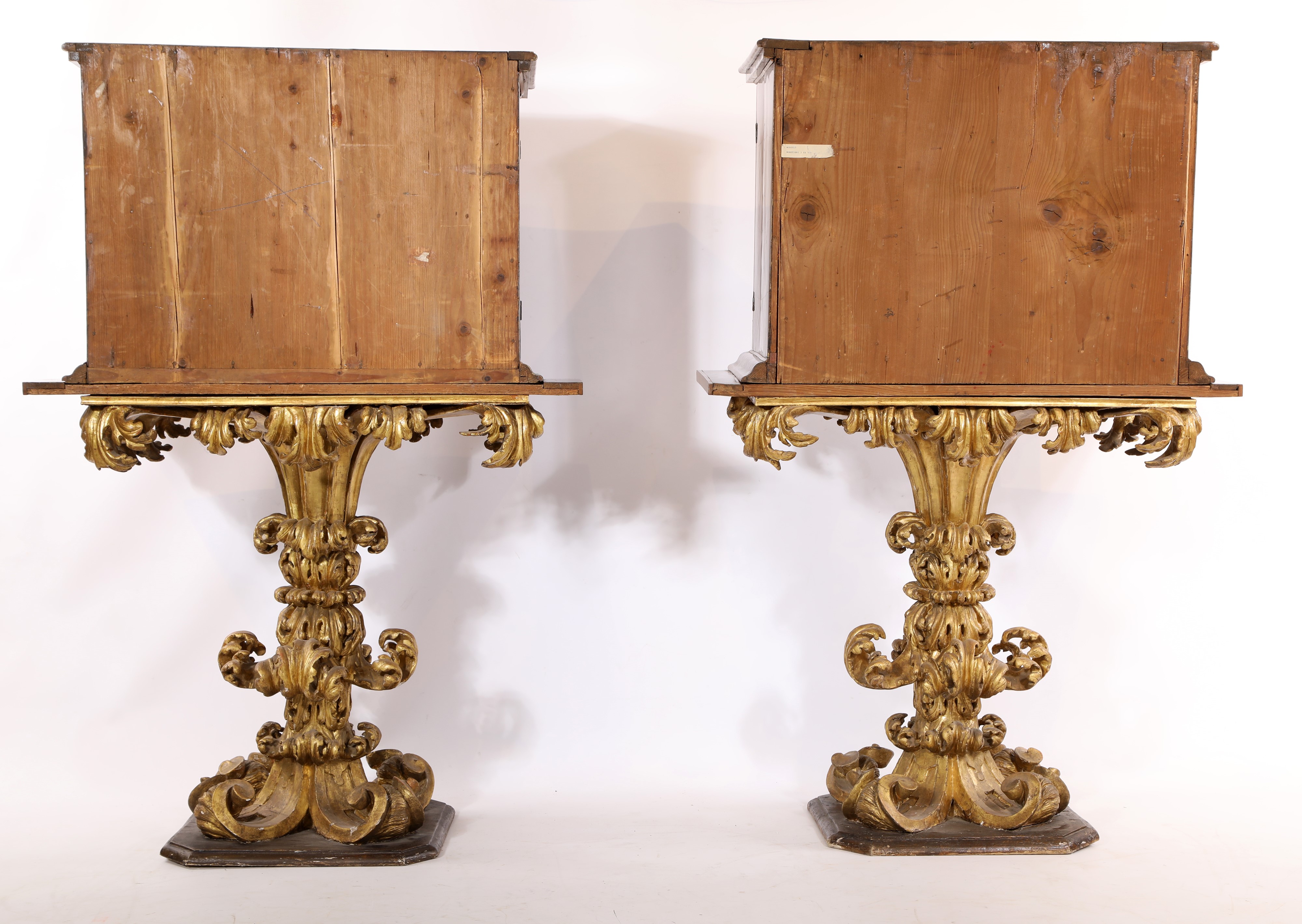 Coppia di monetieri lastronati in radica di sicomoro, su base scolpita in legno dorato, Roma, XVI...