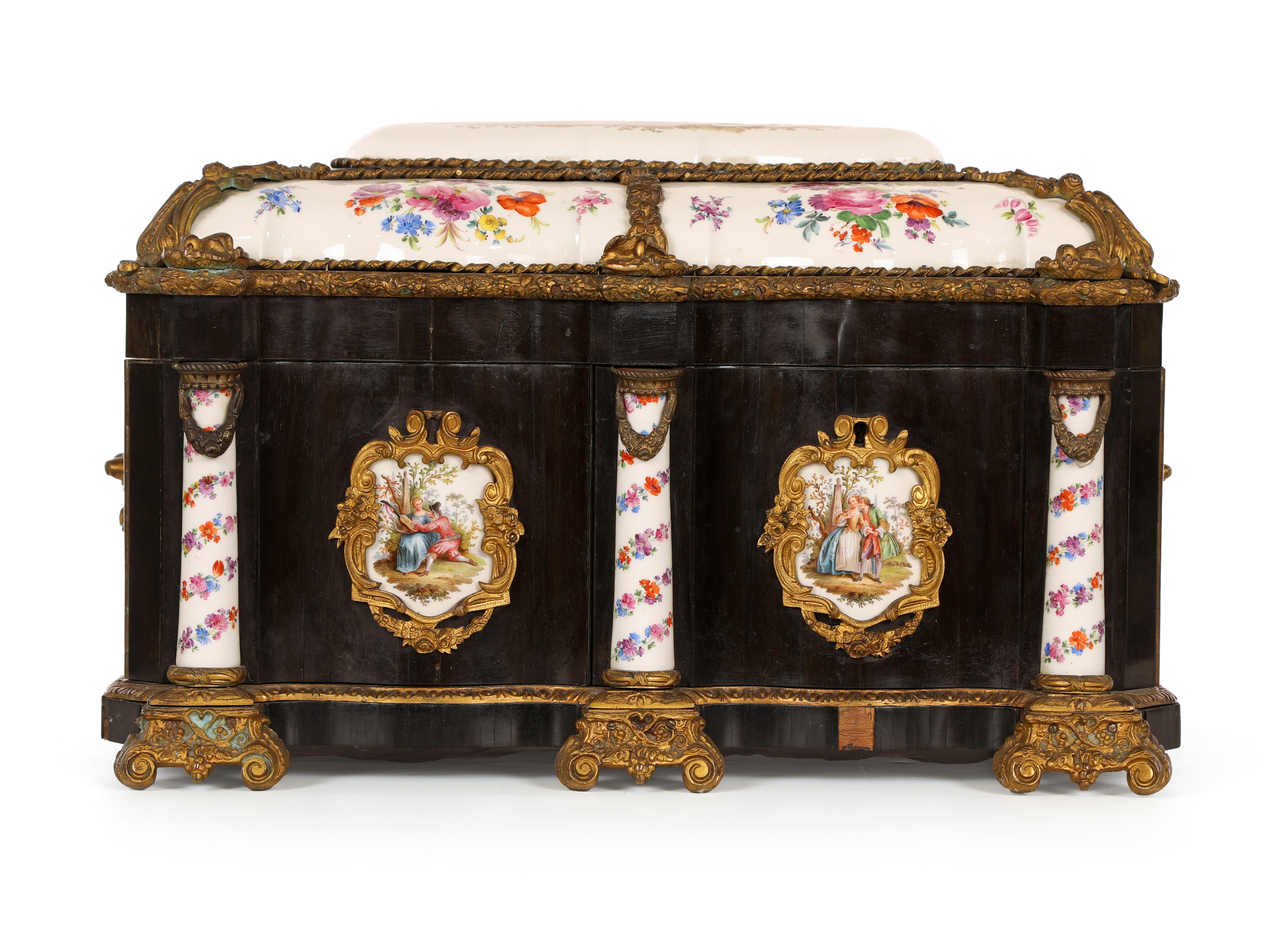 Cofanetto in legno ebanizzato con placche in porcellana policroma, Francia, XIX secolo