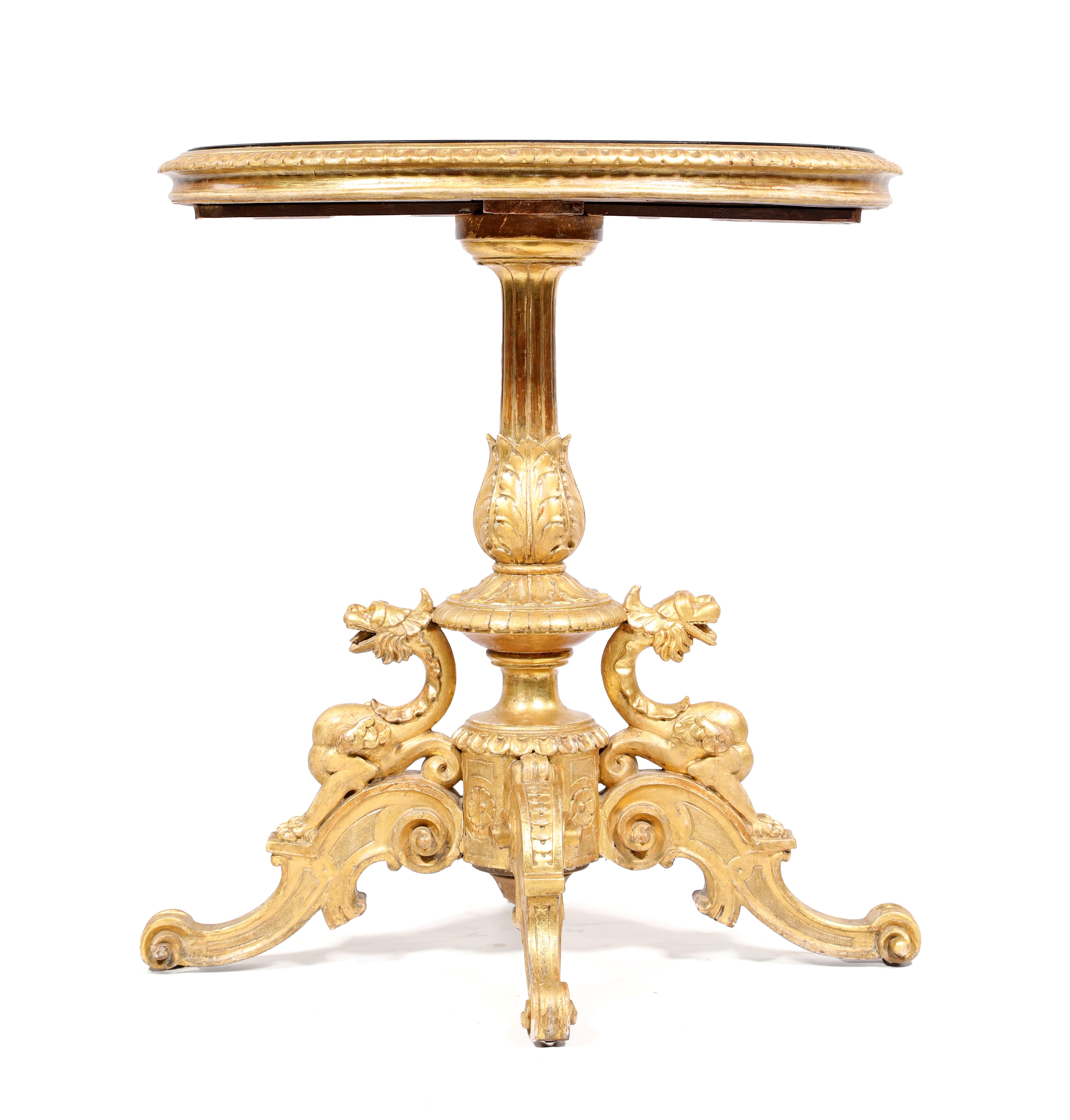 Tavolino in legno scolpito e dorato con piano in marmo intarsiato, botteghe granducali fiorentine...