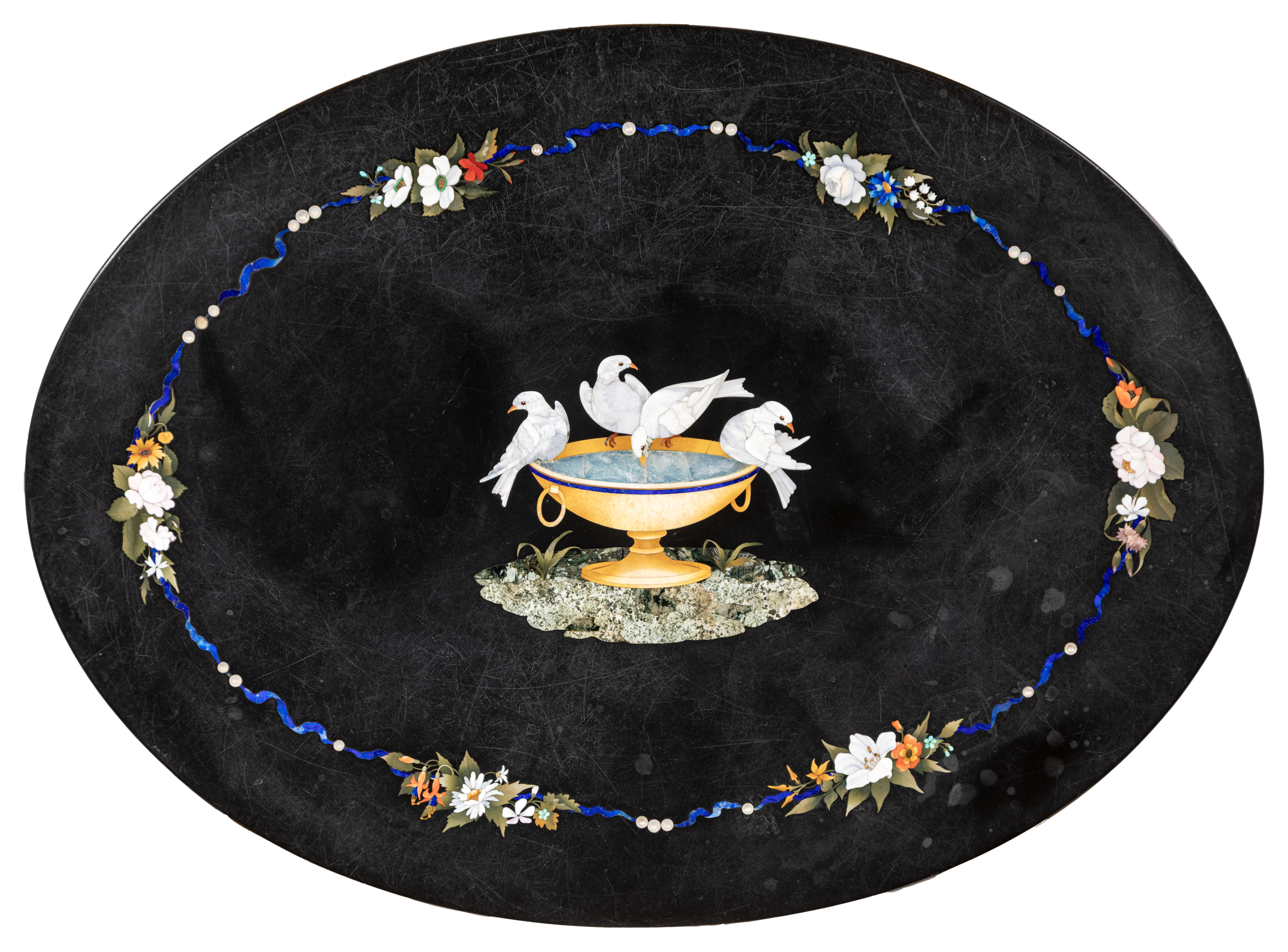 Tavolino in legno scolpito e dorato con piano in marmo intarsiato, botteghe granducali fiorentine...