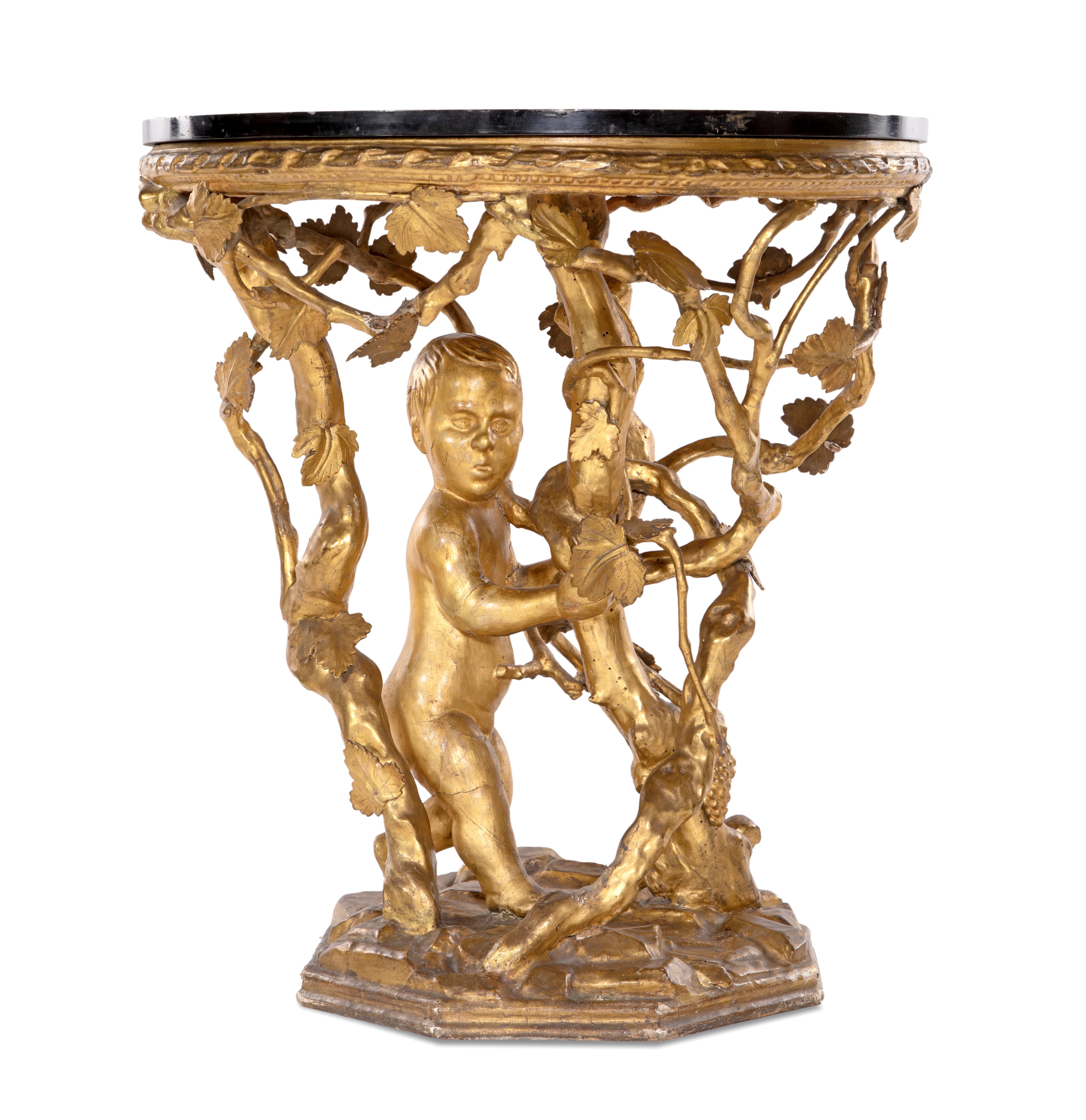 Tavolino in legno scolpito e dorato con piano dipinto, XIX secolo