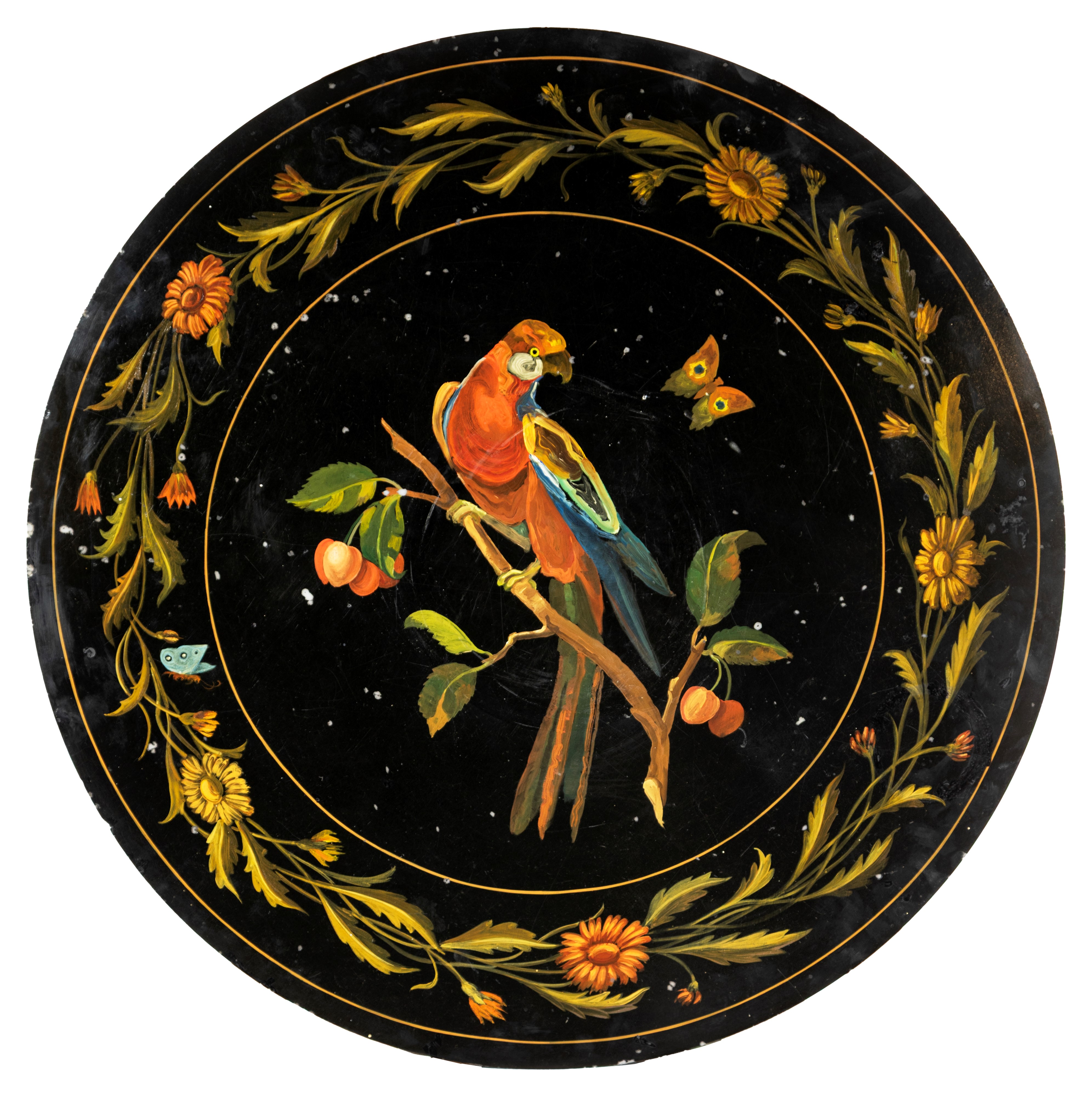 Tavolino in legno scolpito e dorato con piano dipinto, XIX secolo