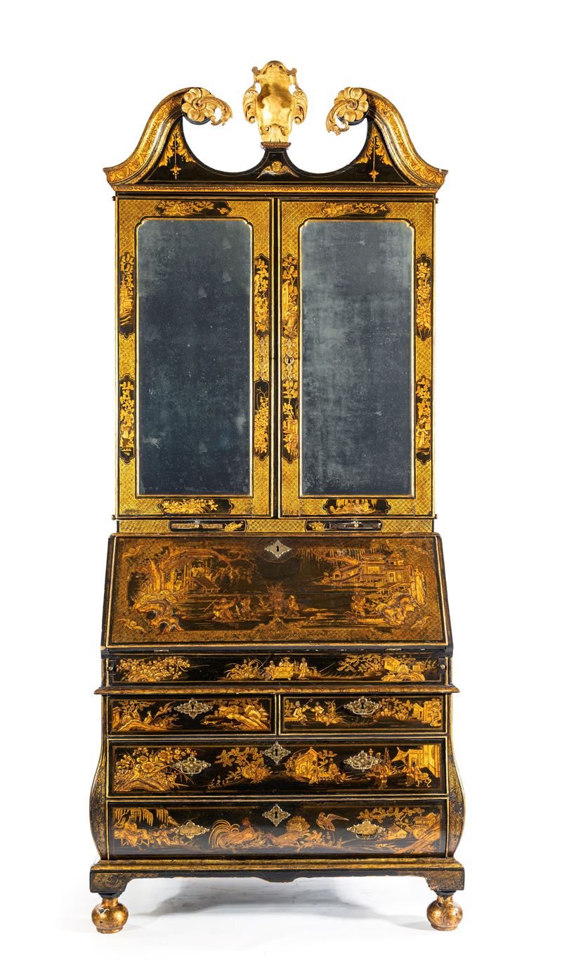 Bureau cabinet in legno laccato nero con chinoiséries dorate, Inghilterra, XVIII secolo