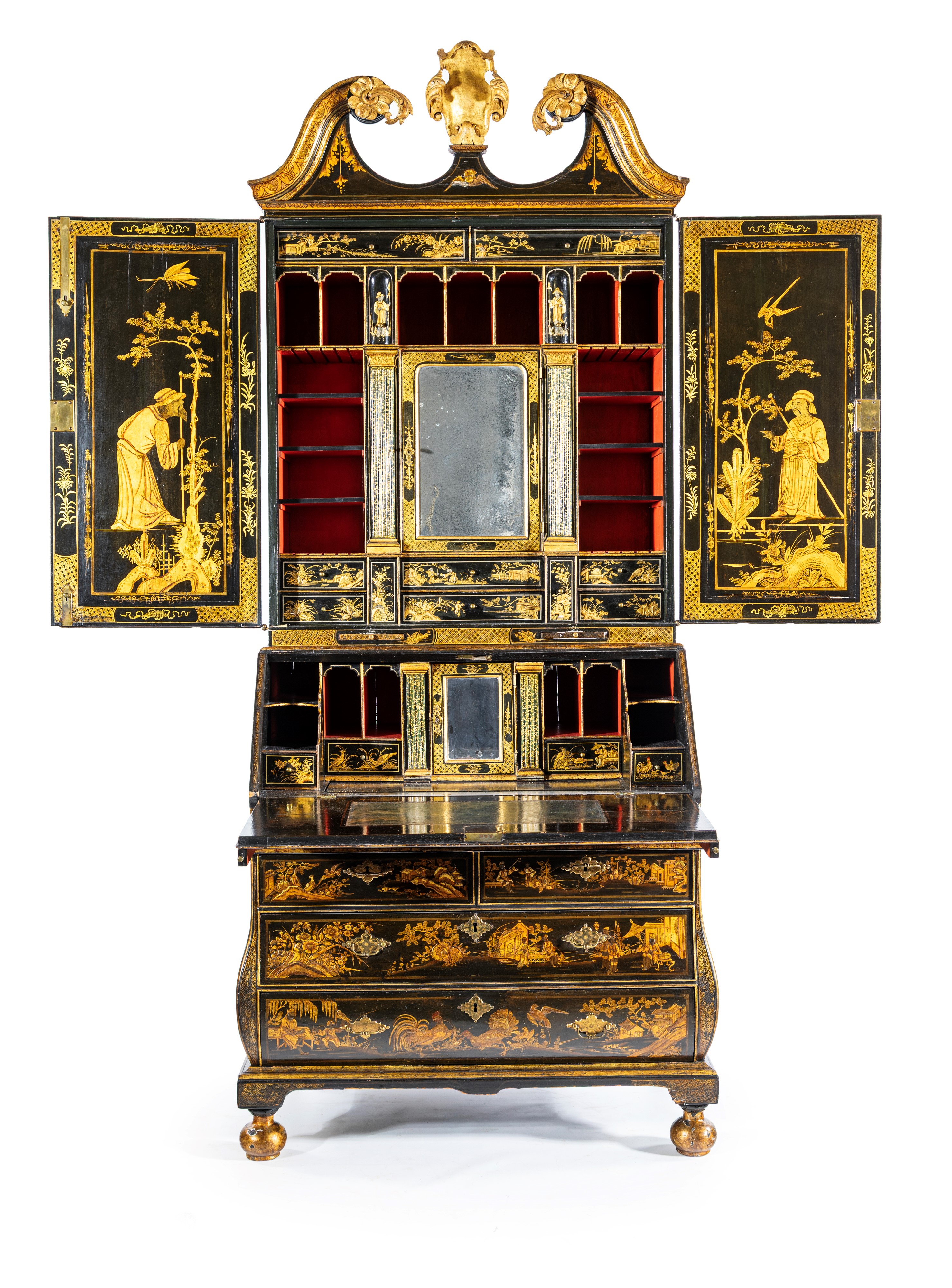Bureau cabinet in legno laccato nero con chinoiséries dorate, Inghilterra, XVIII secolo