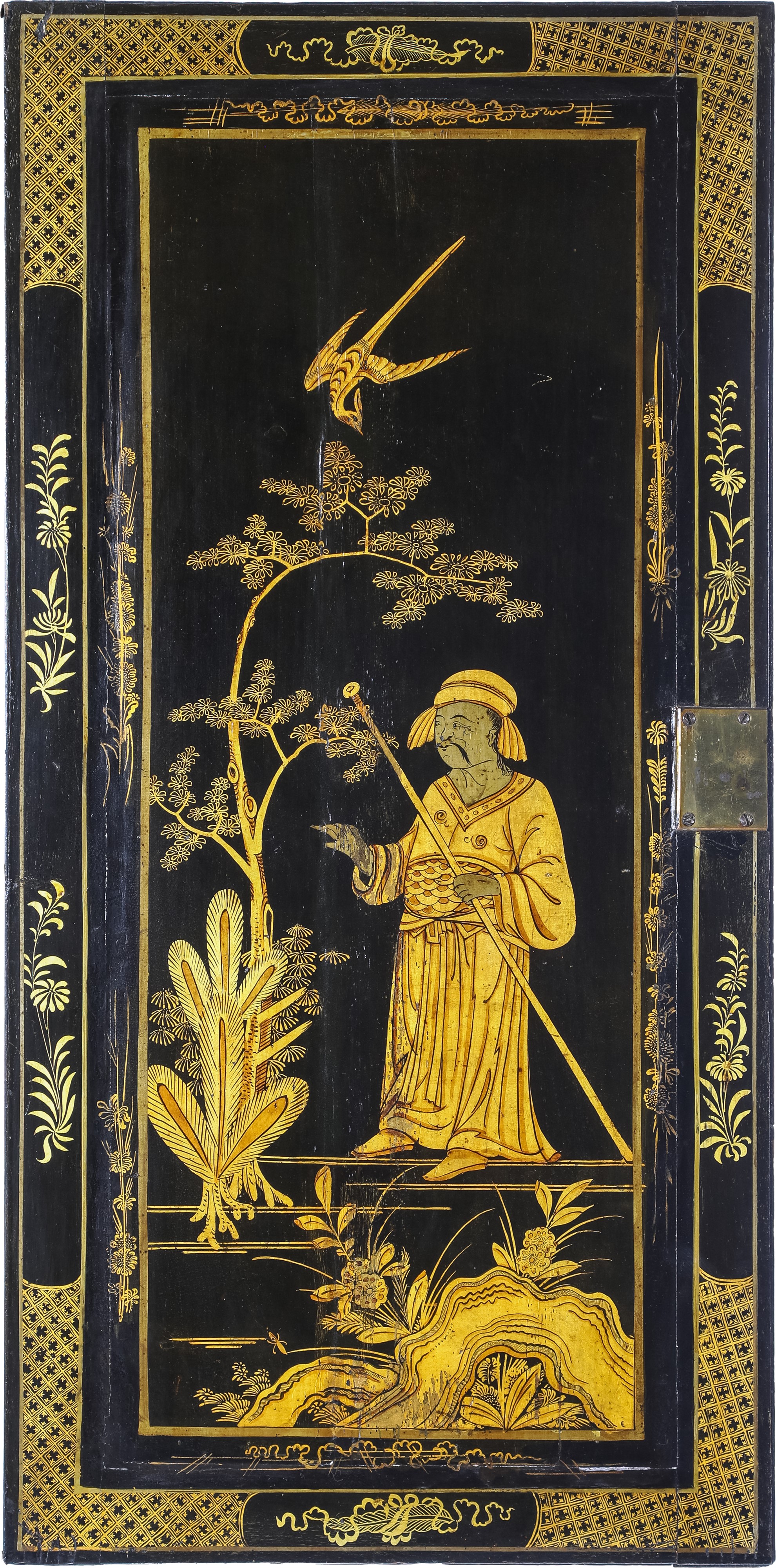 Bureau cabinet in legno laccato nero con chinoiséries dorate, Inghilterra, XVIII secolo