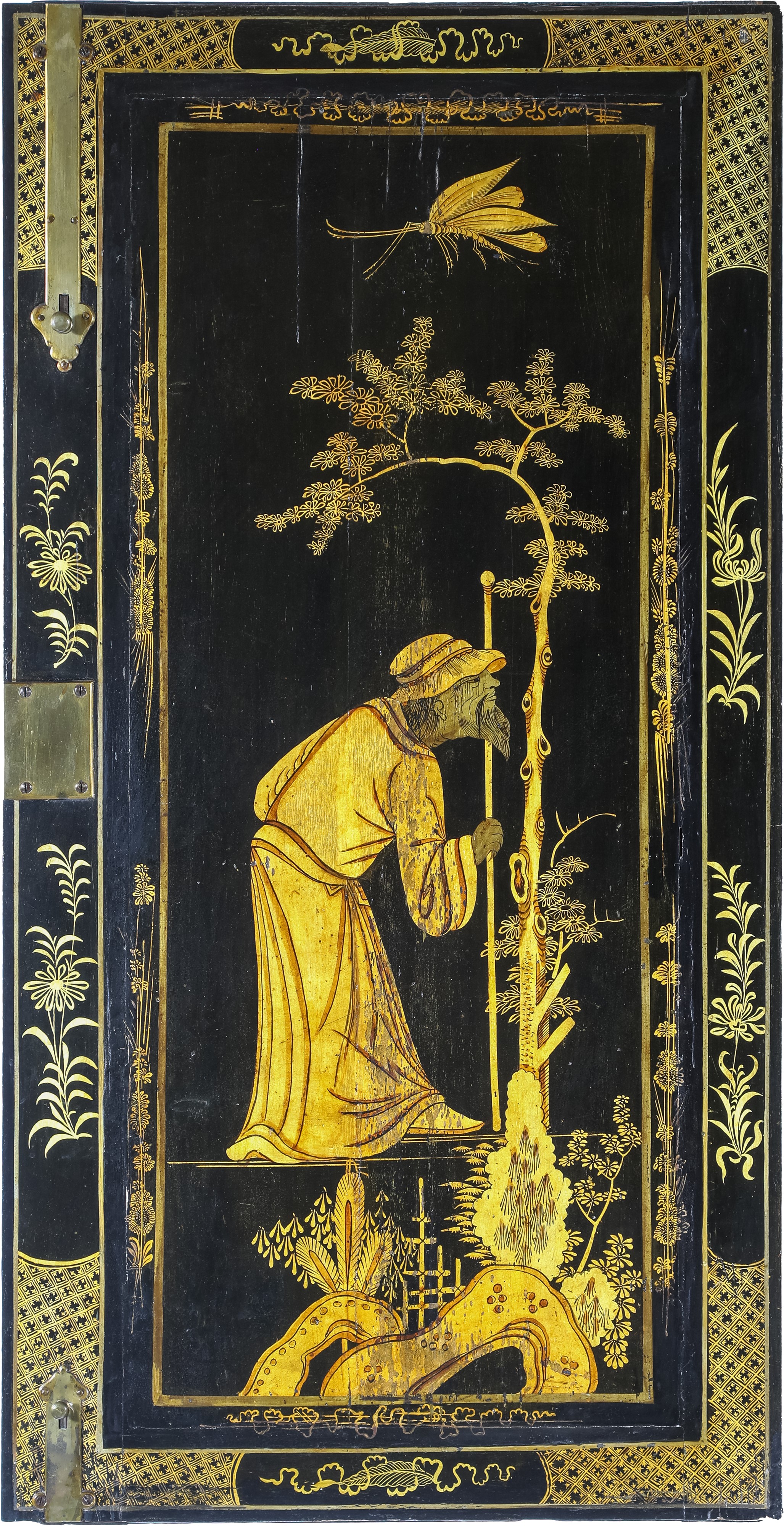 Bureau cabinet in legno laccato nero con chinoiséries dorate, Inghilterra, XVIII secolo