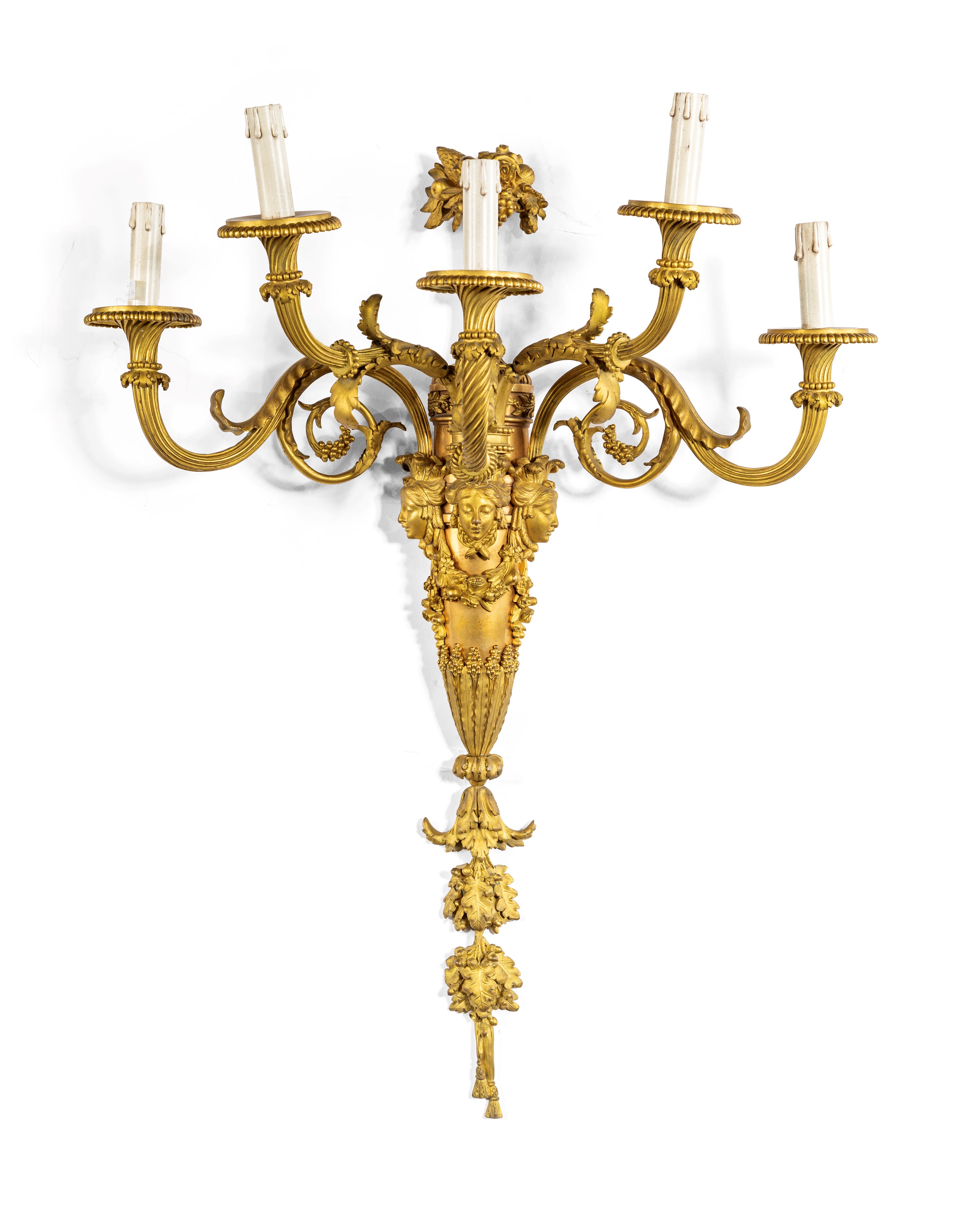 Coppia di appliques in bronzo dorato a cinque luci, XIX secolo