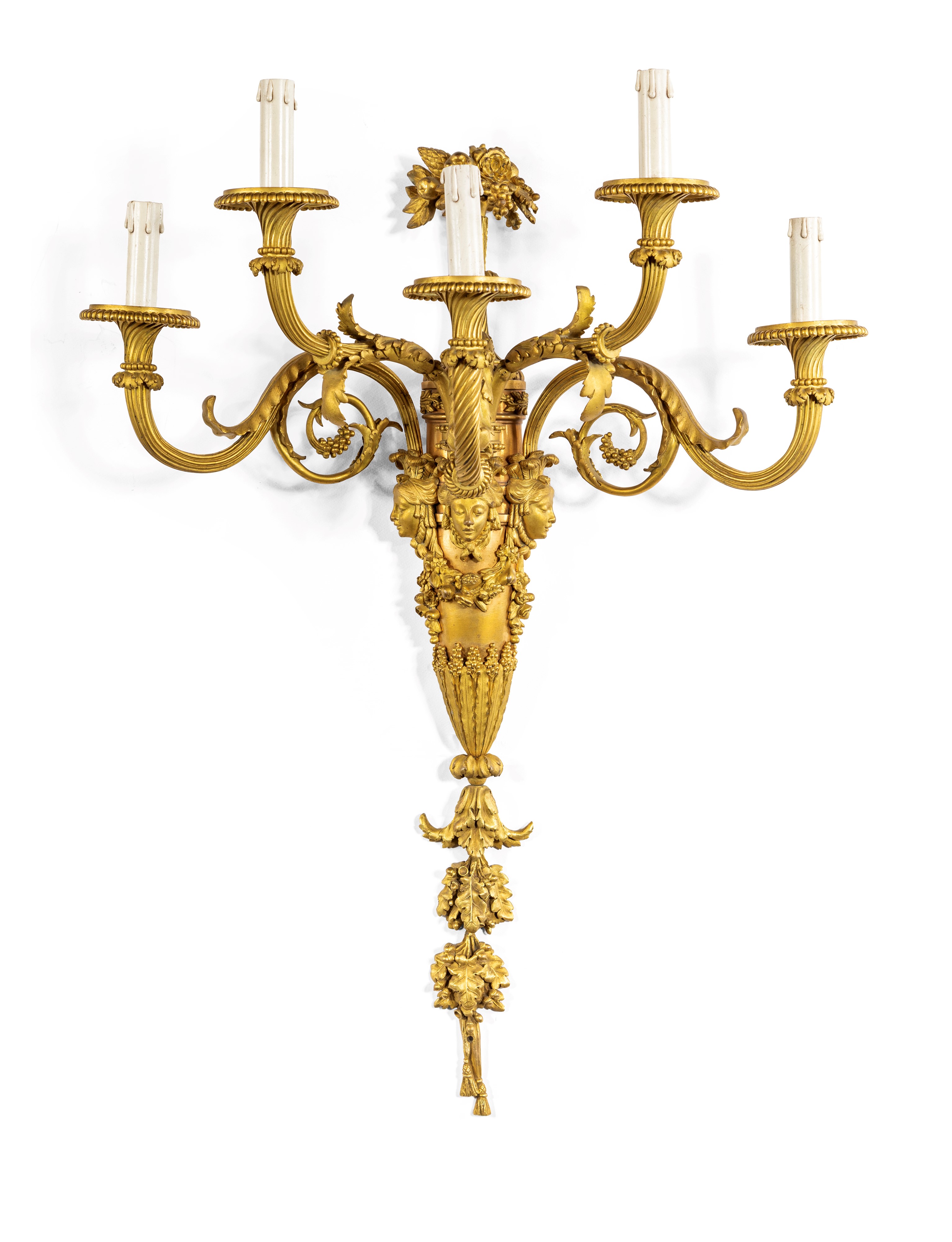 Coppia di appliques in bronzo dorato a cinque luci, XIX secolo