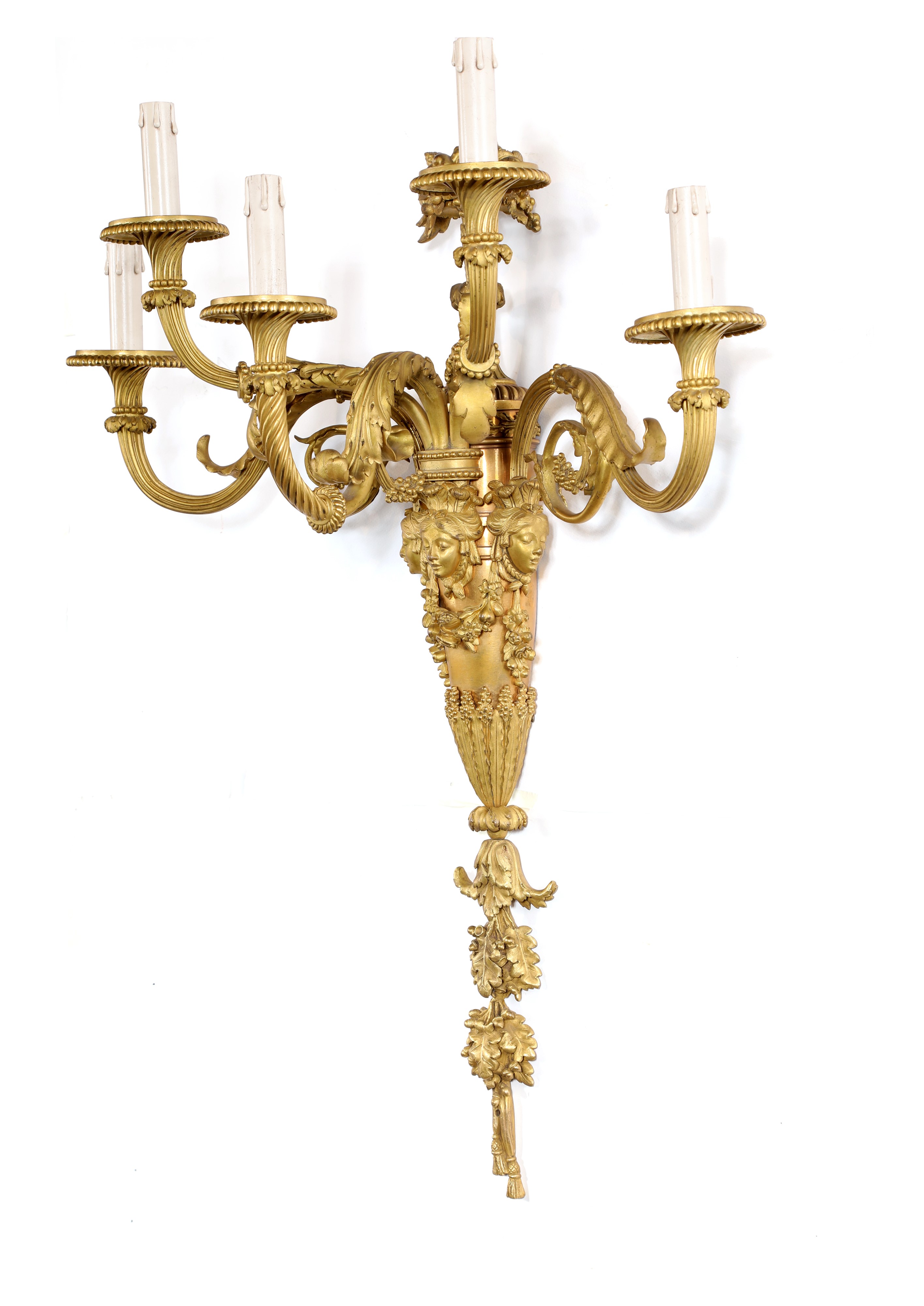 Coppia di appliques in bronzo dorato a cinque luci, XIX secolo