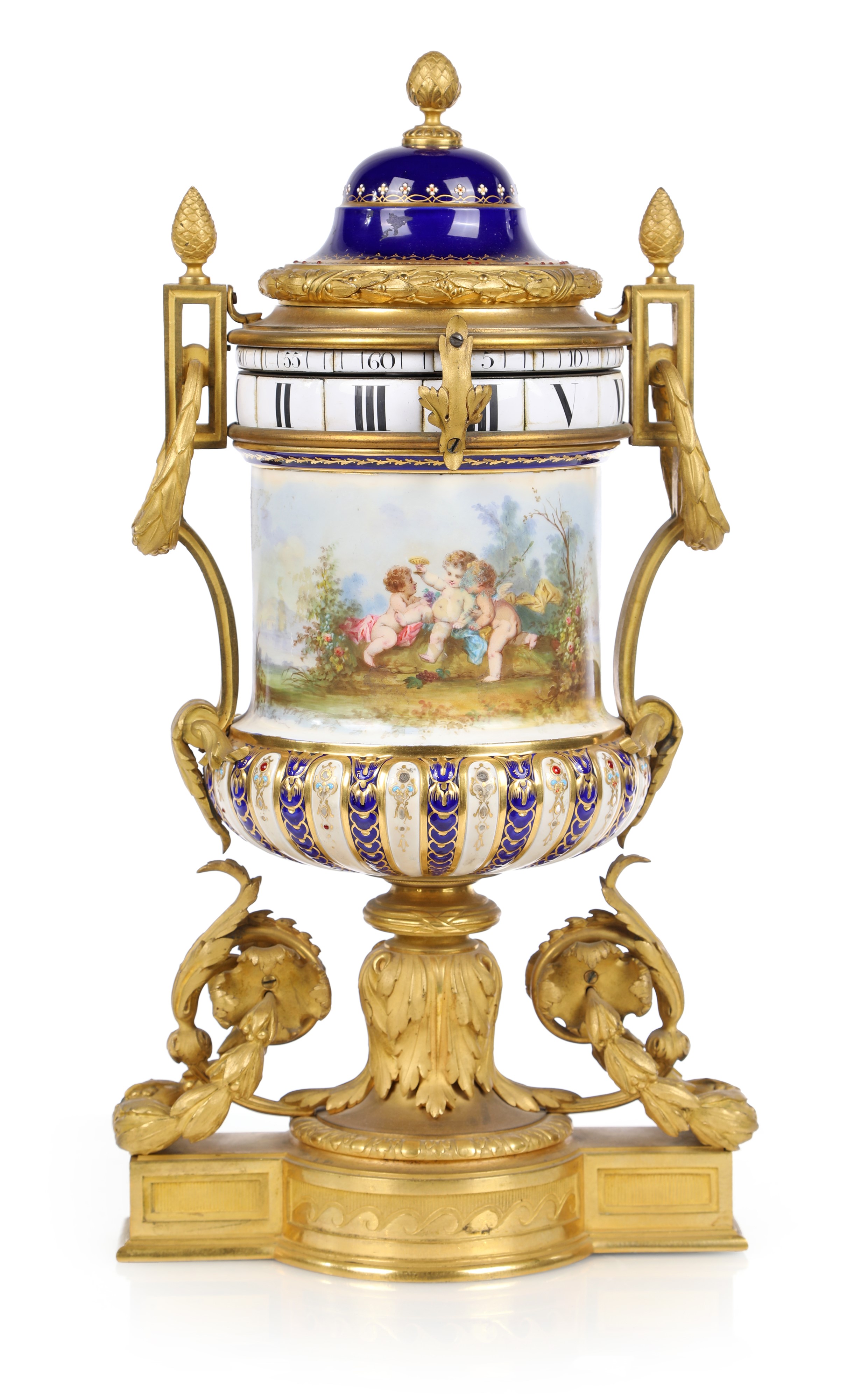 Orologio rotante d'epoca Direttorio in bronzo dorato e porcellana di Sèvres, Francia, fine XVIII ...