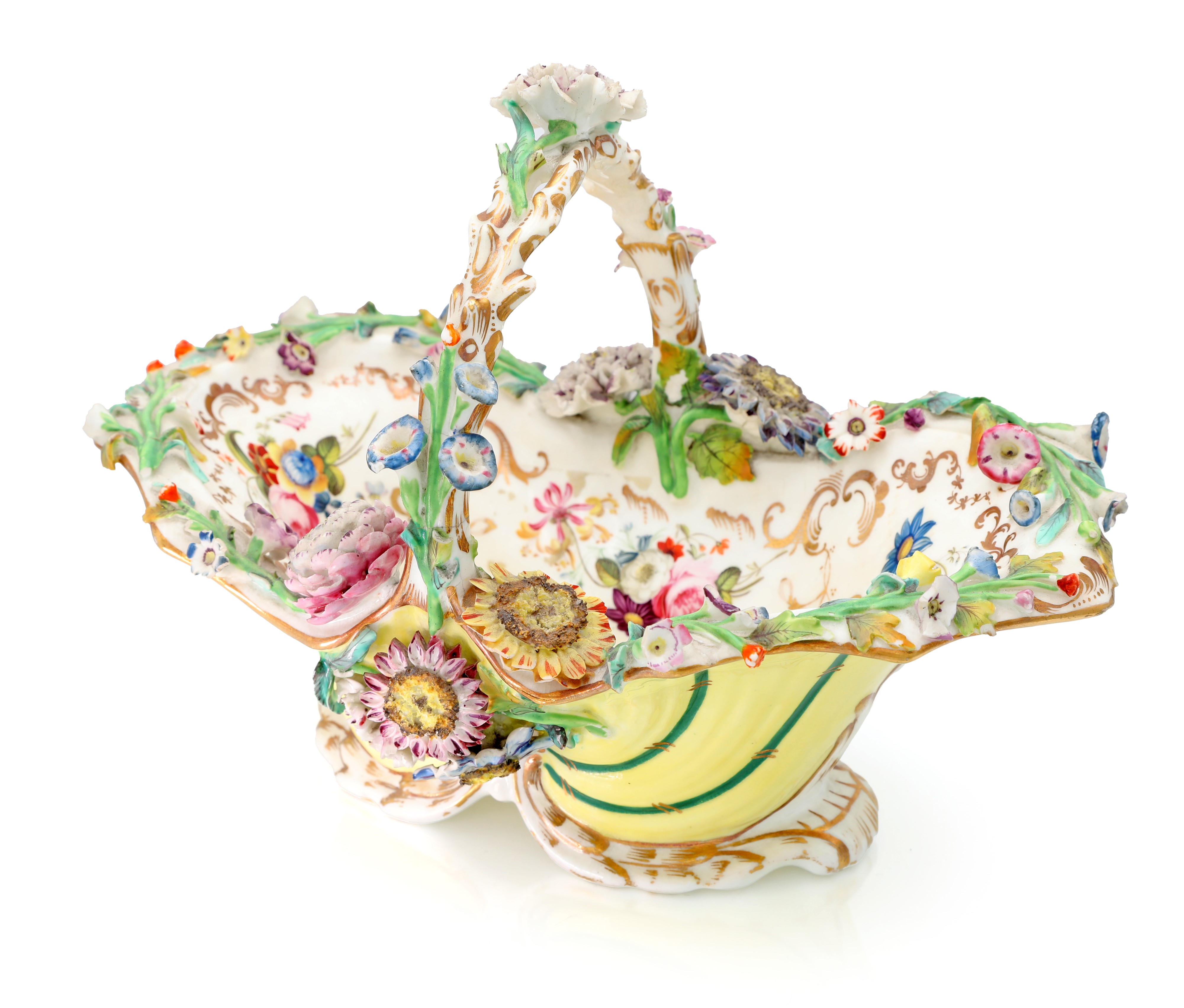 Grande cesto centrotavola in porcellana policroma, metà del XIX secolo
