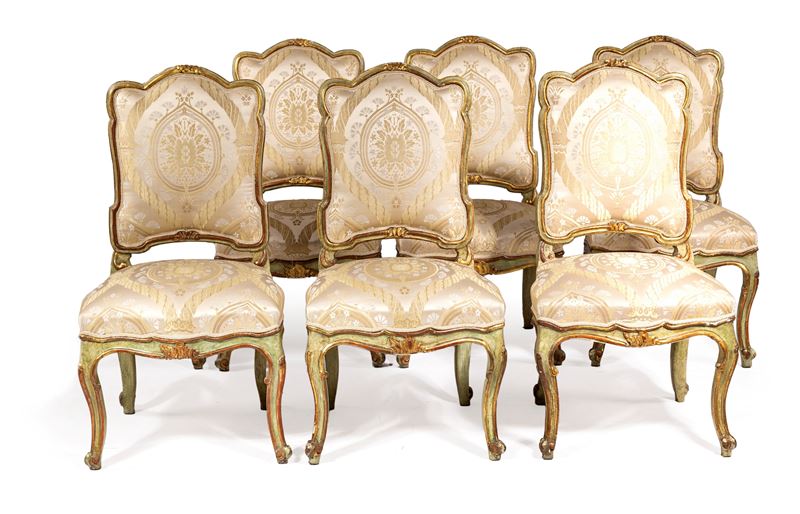 Sei sedie in legno laccato verde pastello con profili dorati, metà del XVIII secolo