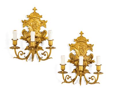 Appliques in bronzo dorato a tre luci, Francia, XIX secolo