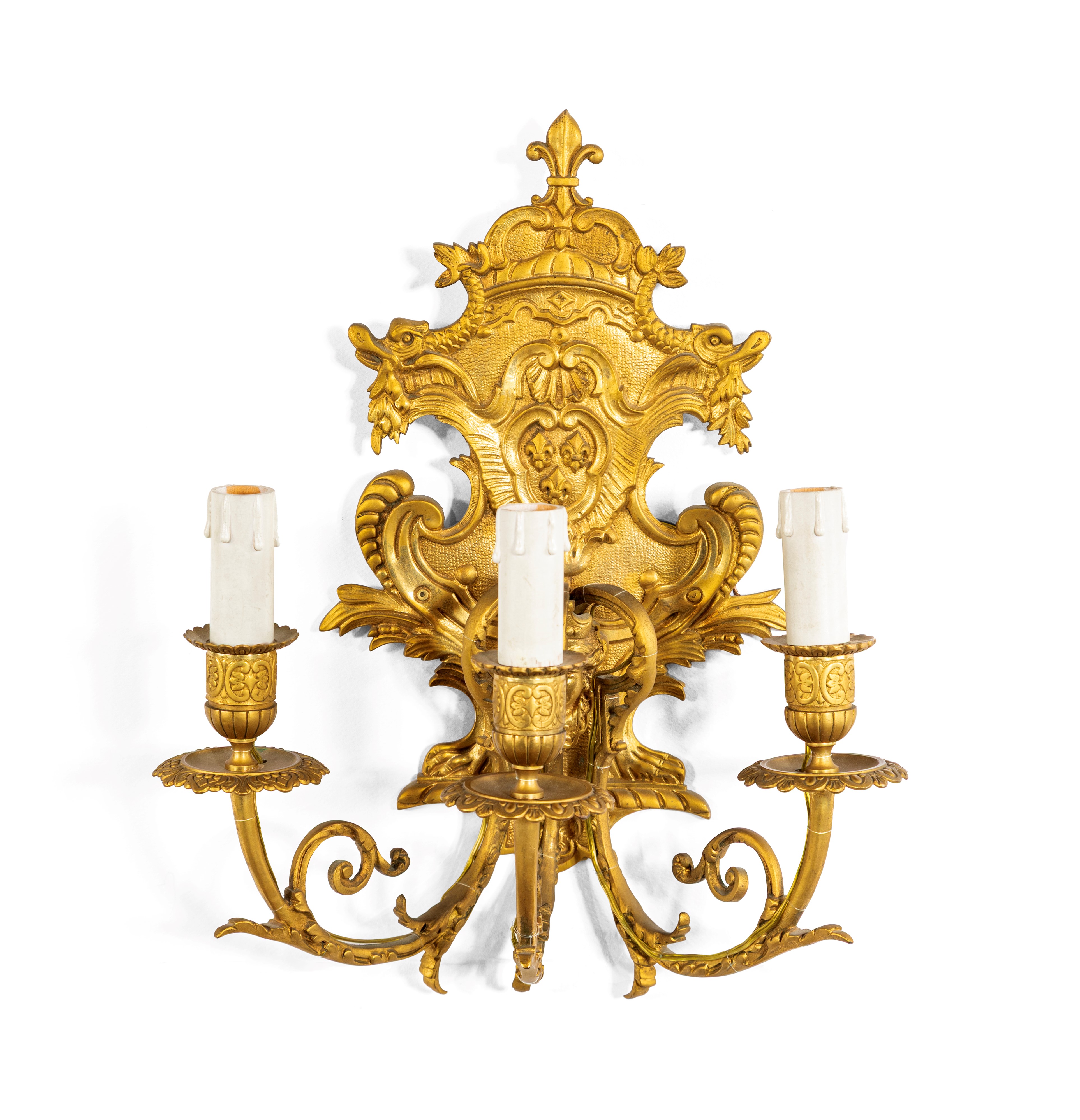 Appliques in bronzo dorato a tre luci, Francia, XIX secolo