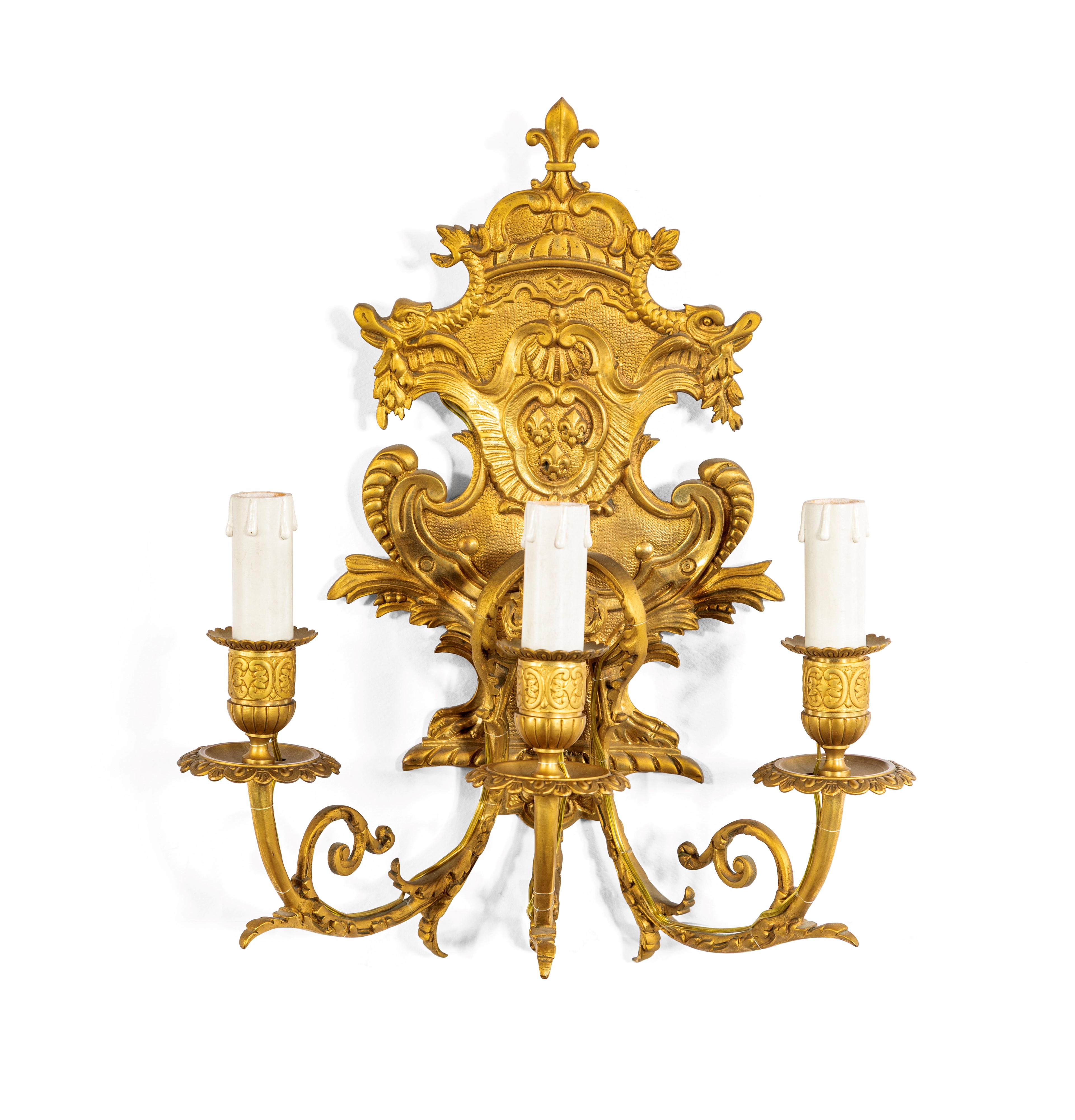Appliques in bronzo dorato a tre luci, Francia, XIX secolo