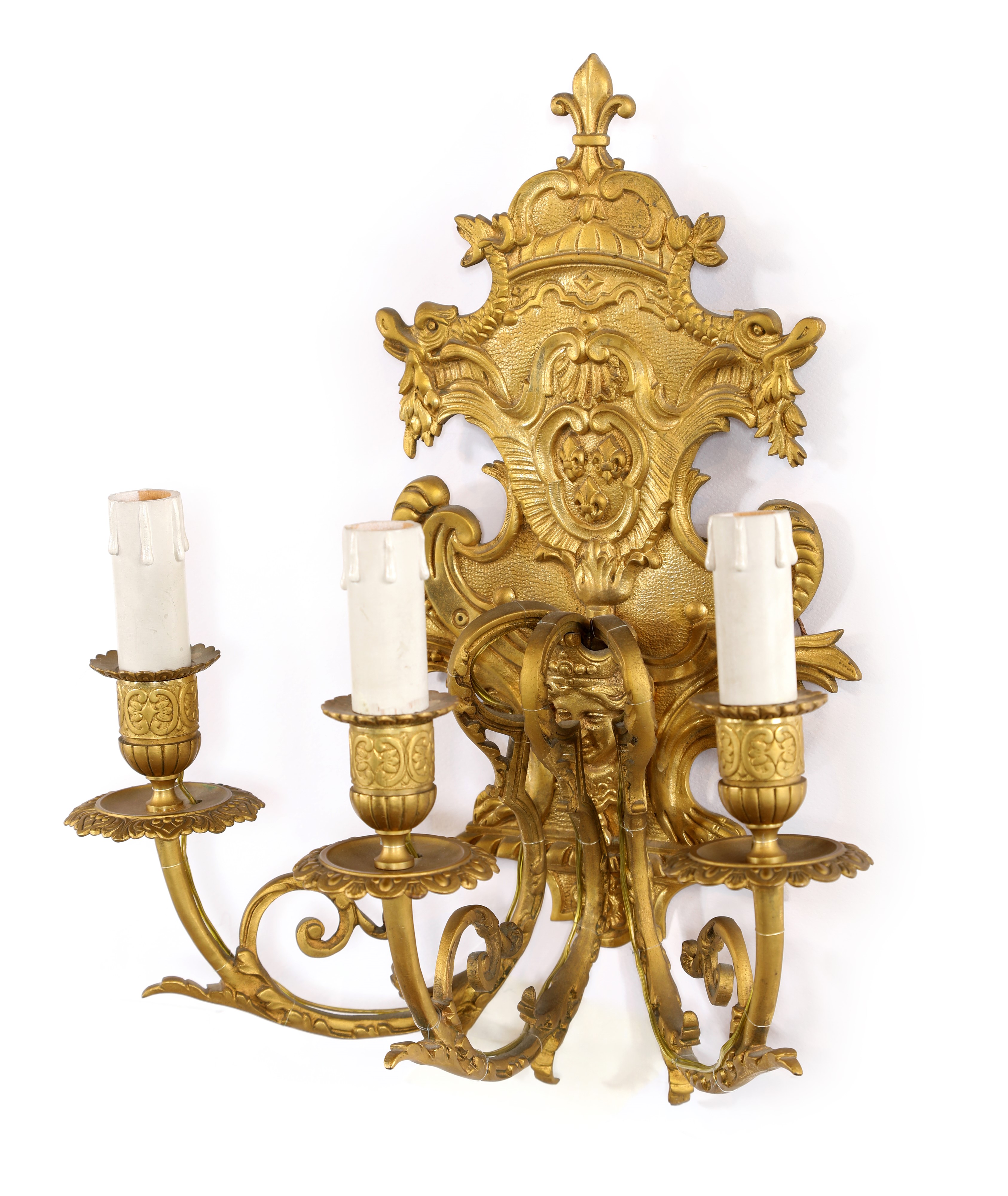 Appliques in bronzo dorato a tre luci, Francia, XIX secolo