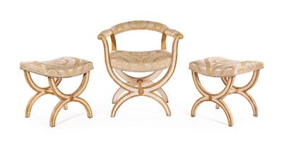 Poltrona a faldistorio e coppia di sgabelli neoclassici, legno laccato bianco con profili dorati,...
