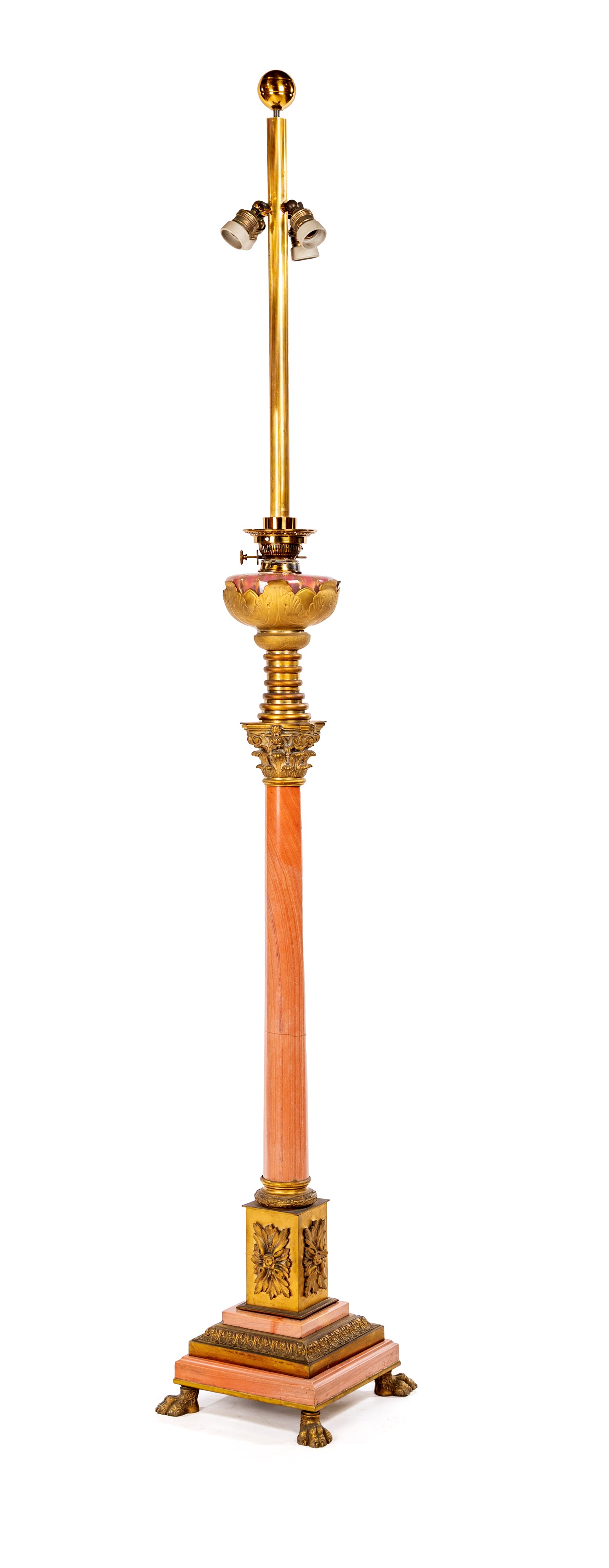 Lampada da terra in marmo rosa e ottone dorato, XX secolo